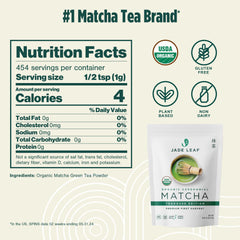 Jade Leaf Matcha detalle del polvo fino y color verde intenso, aspecto fresco