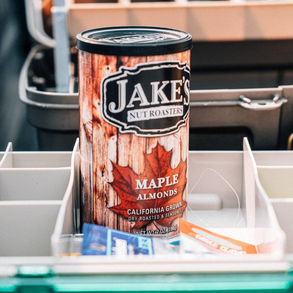 Jake's Nut Roasters etiqueta y sello de huerto, demuestra origen familiar