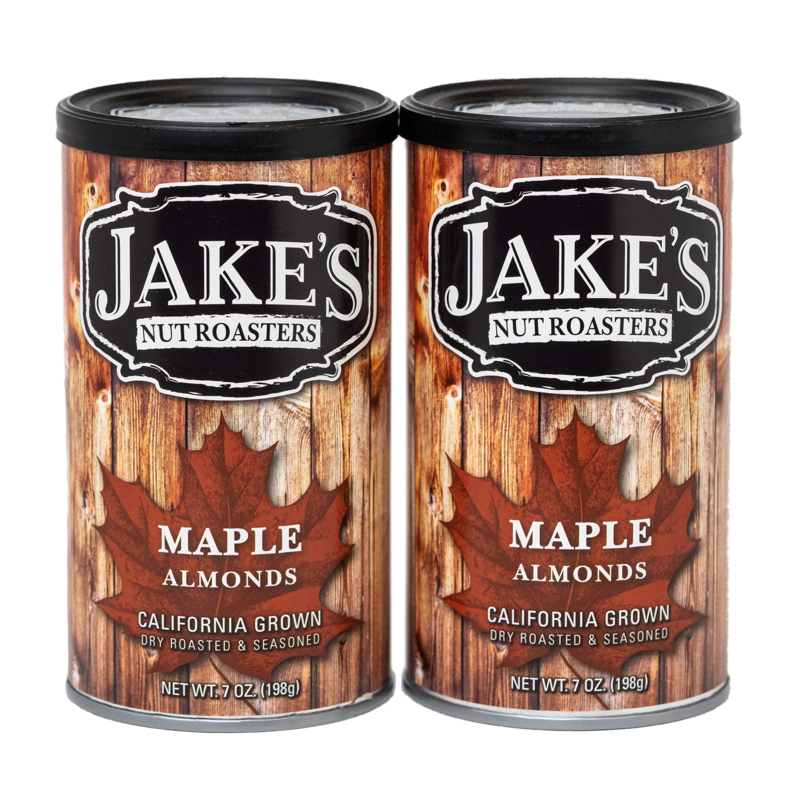 Jake's Nut Roasters lata frontal con almendras maple, presentación atractiva