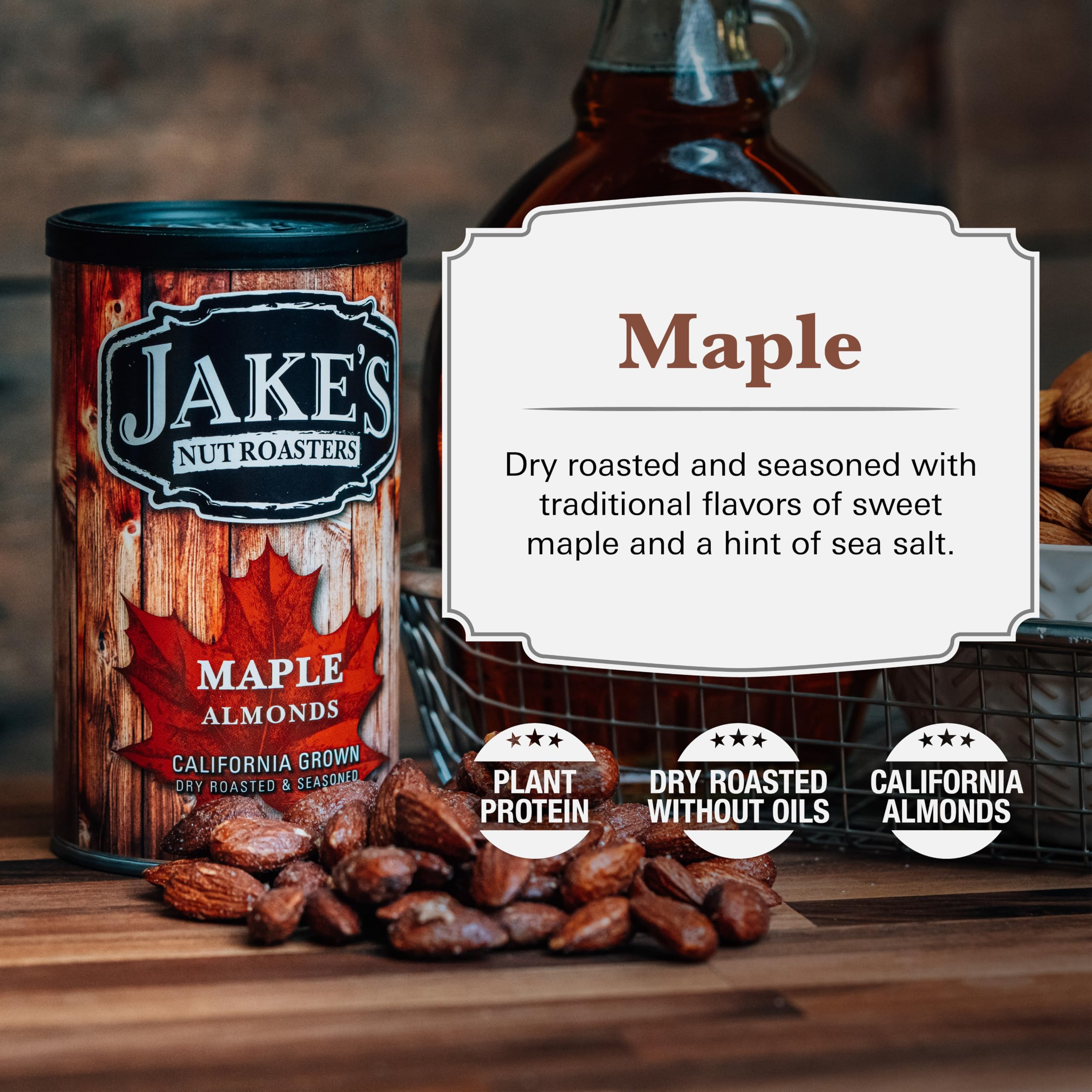 Jake's Nut Roasters lata abierta mostrando almendras listas para servir