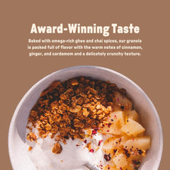 Jamie’s Farm bol con granola y fruta en ambiente cálido, beneficio: desayuno reconfortante