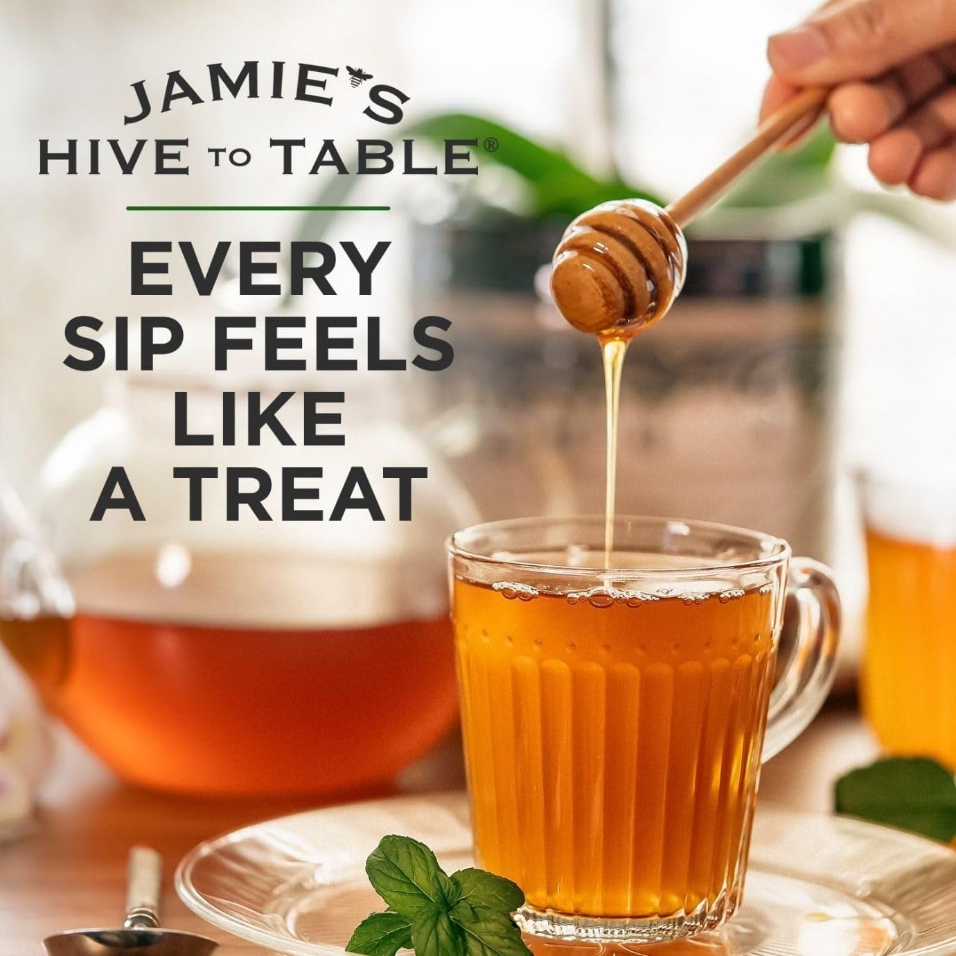 Jamie’s Hive to Table acercamiento a colmena y flores que sugiere origen responsable