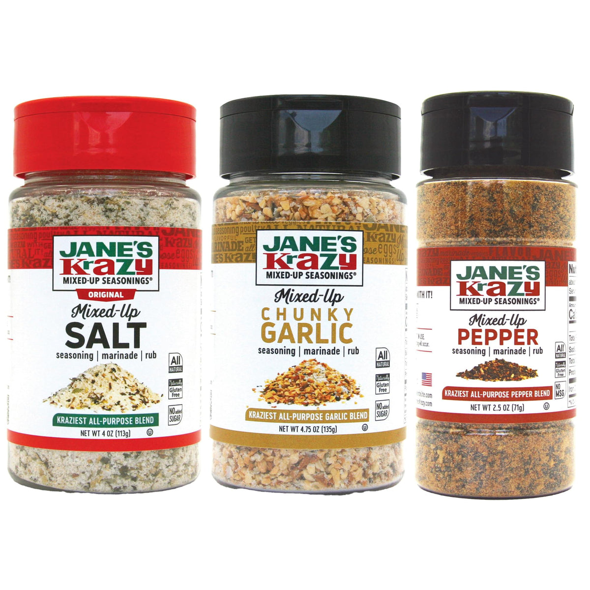 Jane's Krazy pack frontal con tres frascos visibles, muestra variedad y conveniencia