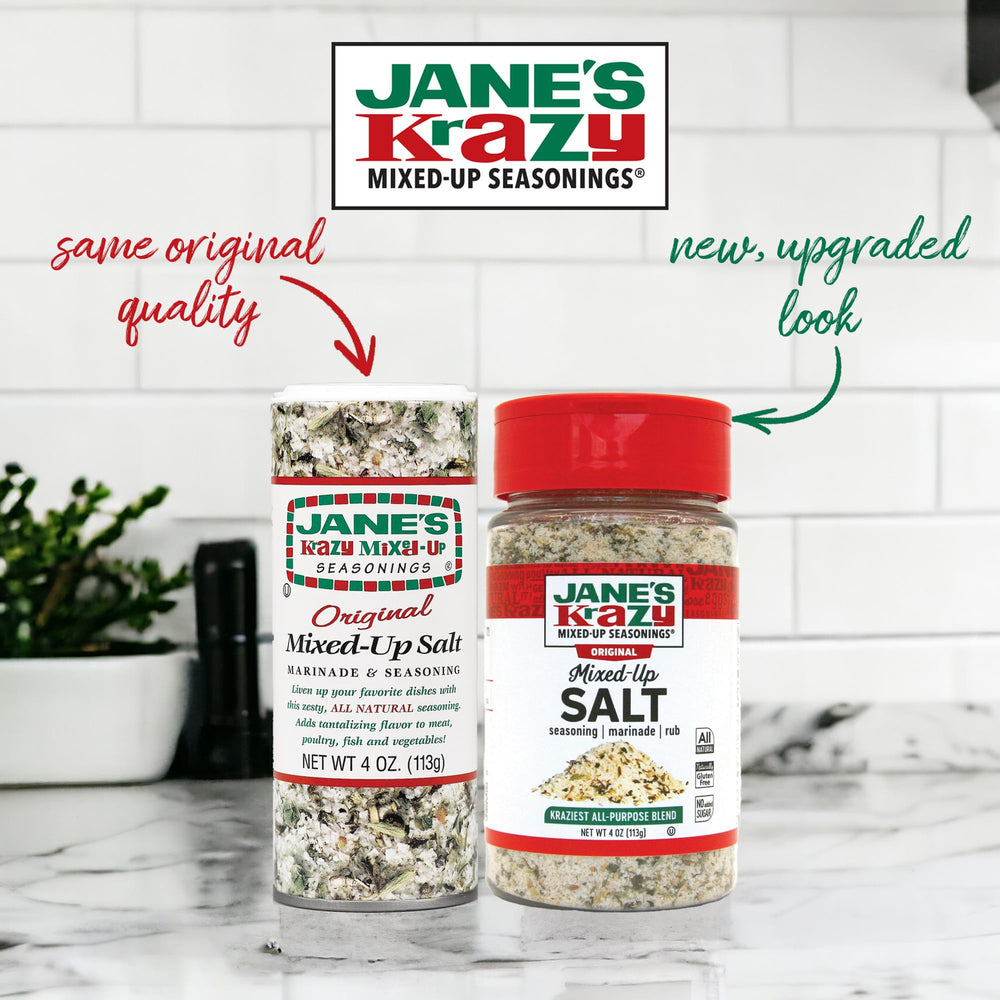 Jane's Krazy textura de Chunky Mixed Up Garlic en primer plano, resalta trozos y sabor