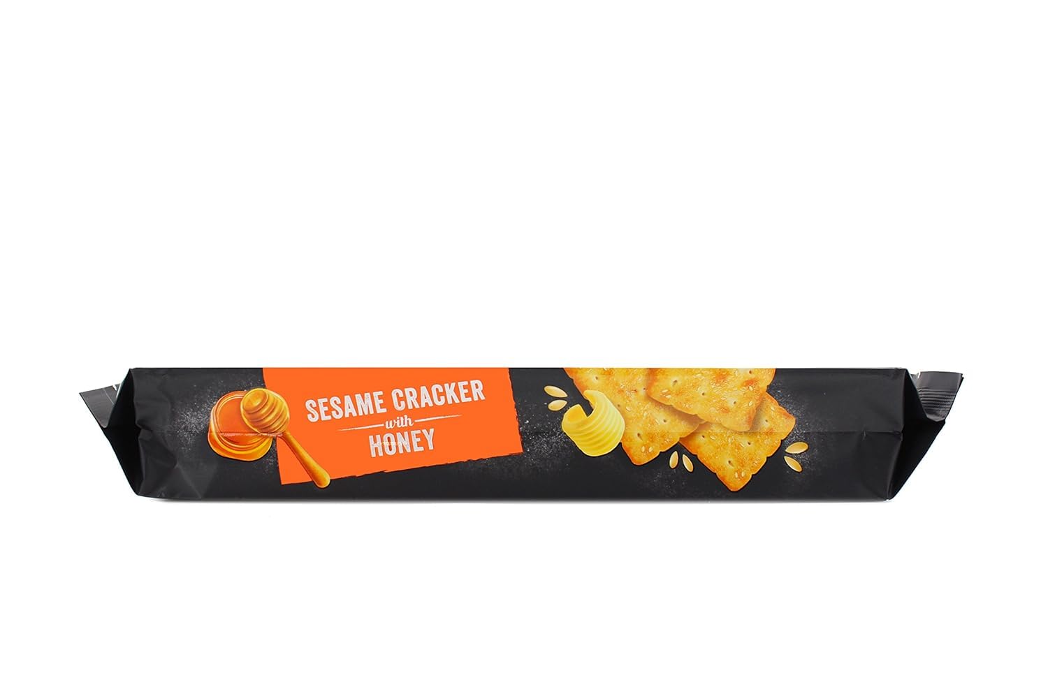 Primer plano de una galleta Jans partida mostrando semillas de sésamo tostadas