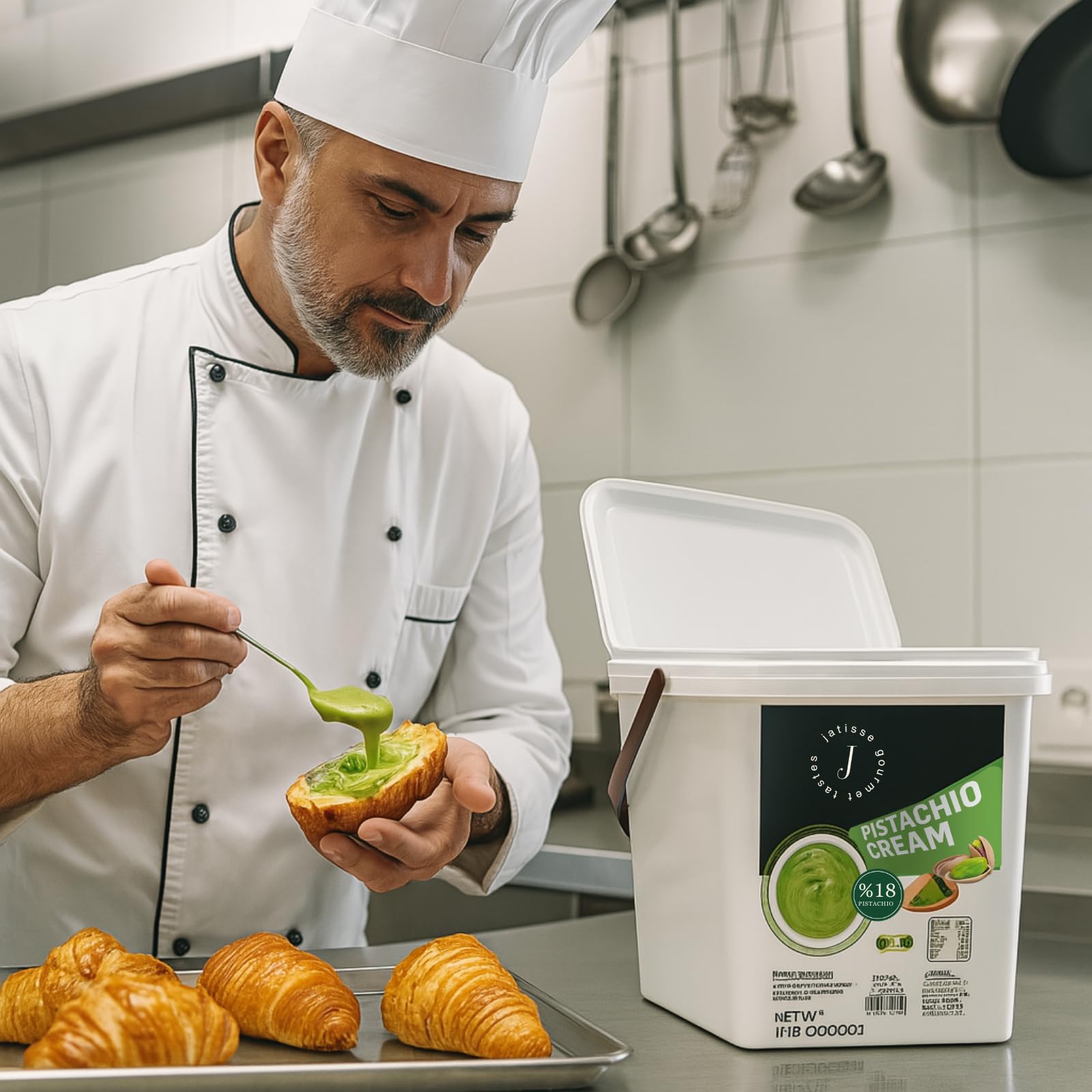 Jatisse escena de cocina profesional usando la crema en postres