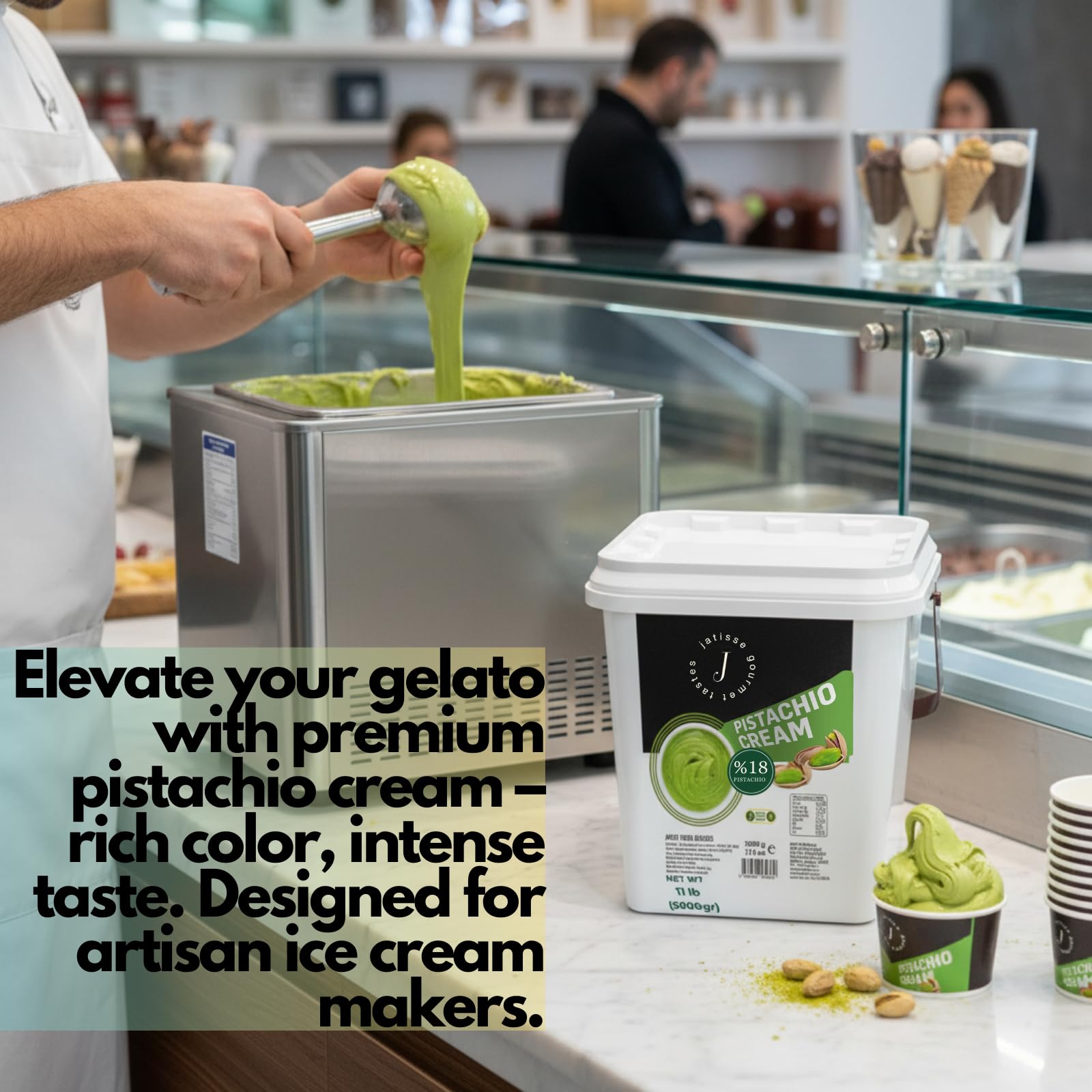 Jatisse etiqueta de la cubeta mostrando sin aceite de palma y calidad