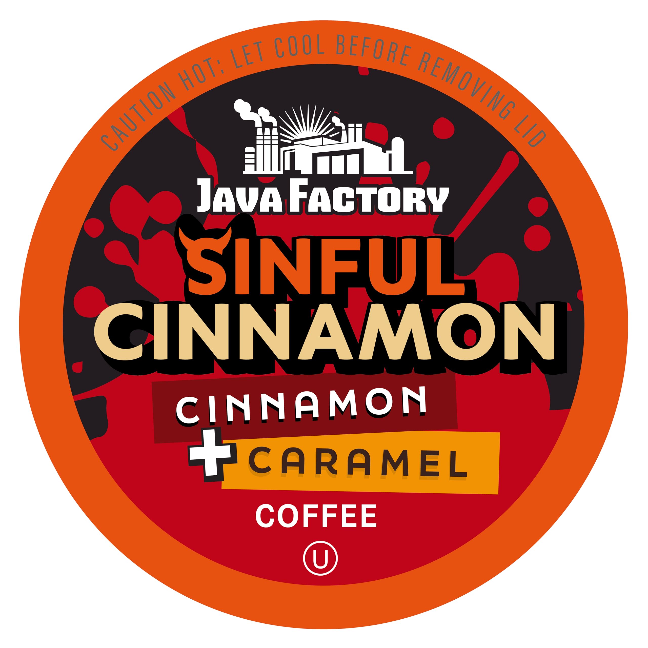Java Factory caja frontal Sinful Cinnamon mostrando diseño y beneficio práctico