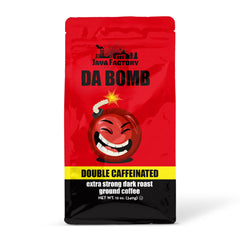 Java Factory empaque frontal de Da Bomb, muestra energía y calidad