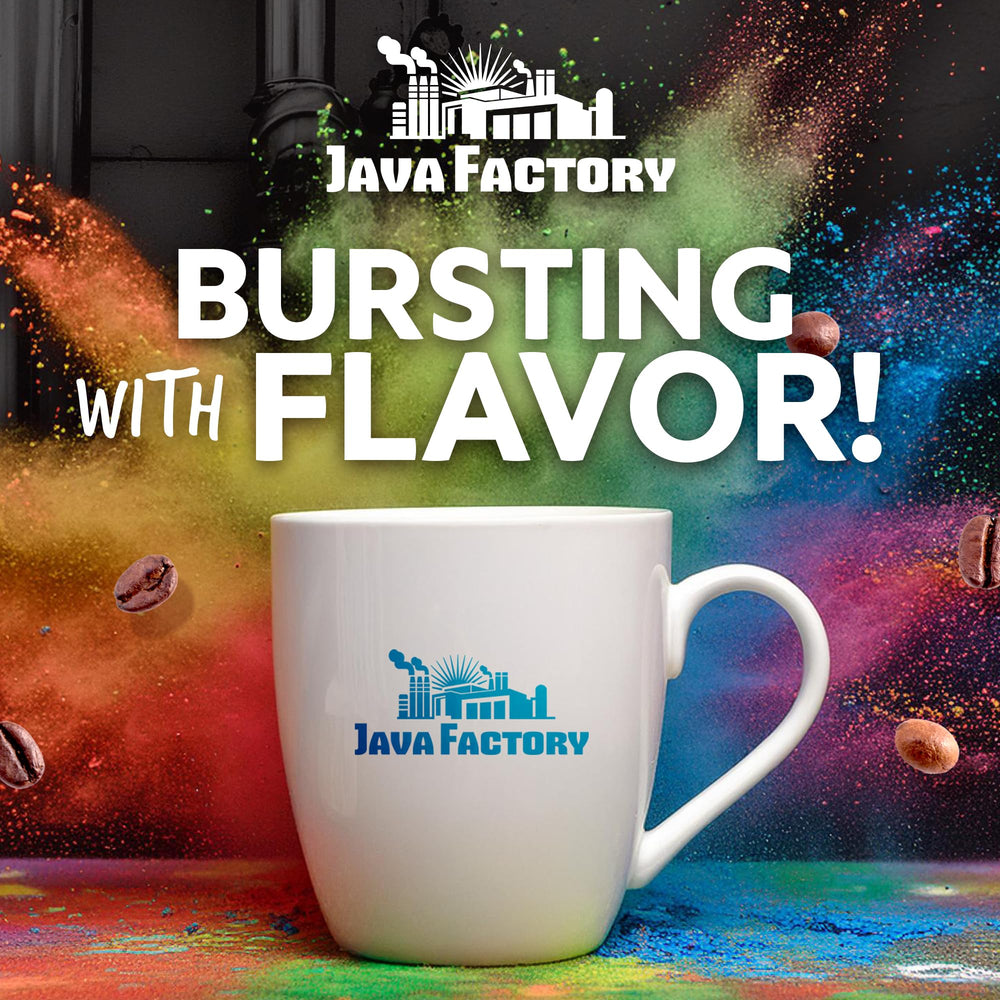 Java Factory etiqueta con ingredientes que destaca canela y caramelo