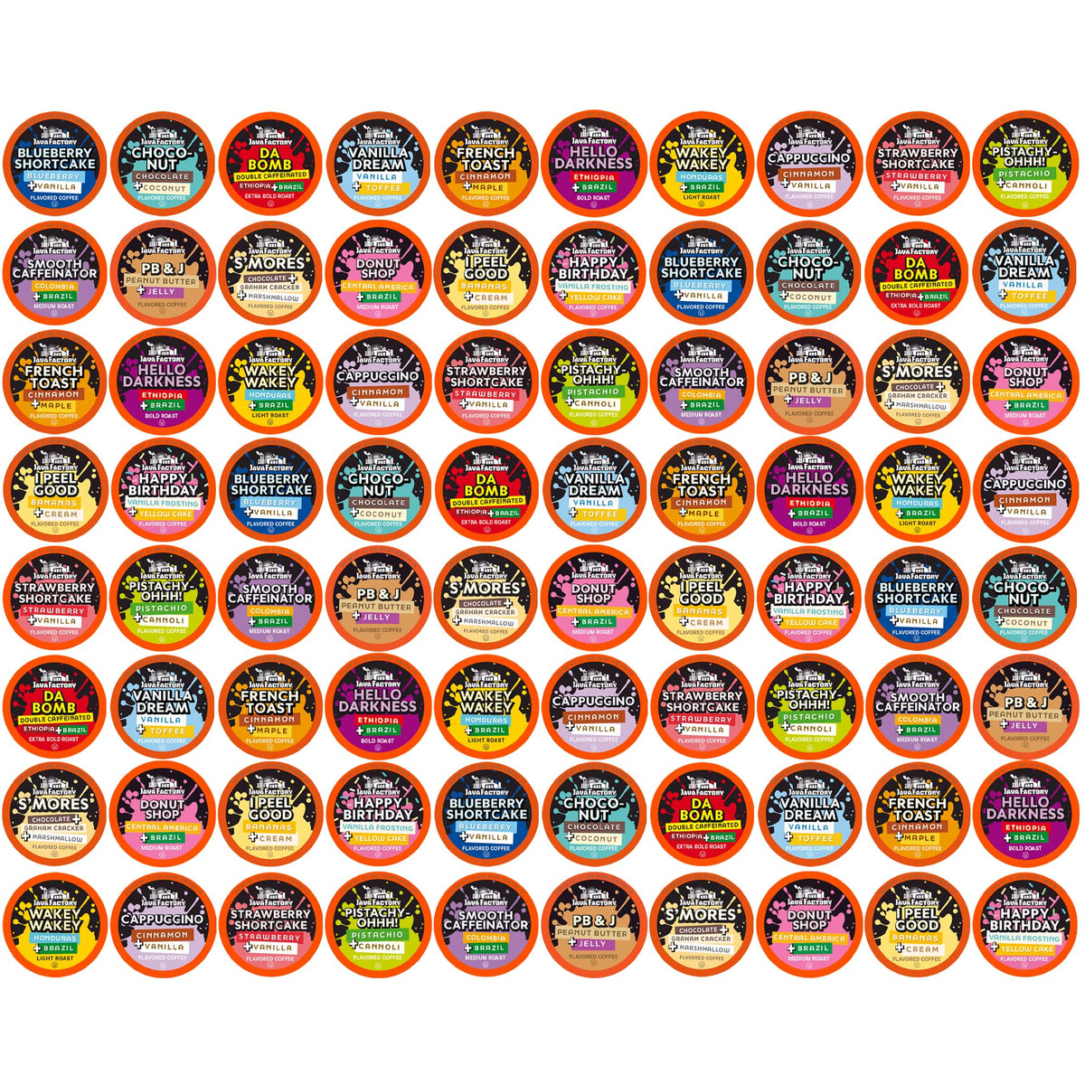 Java Factory pack frontal mostrando las 80 cápsulas y variedad de sabores