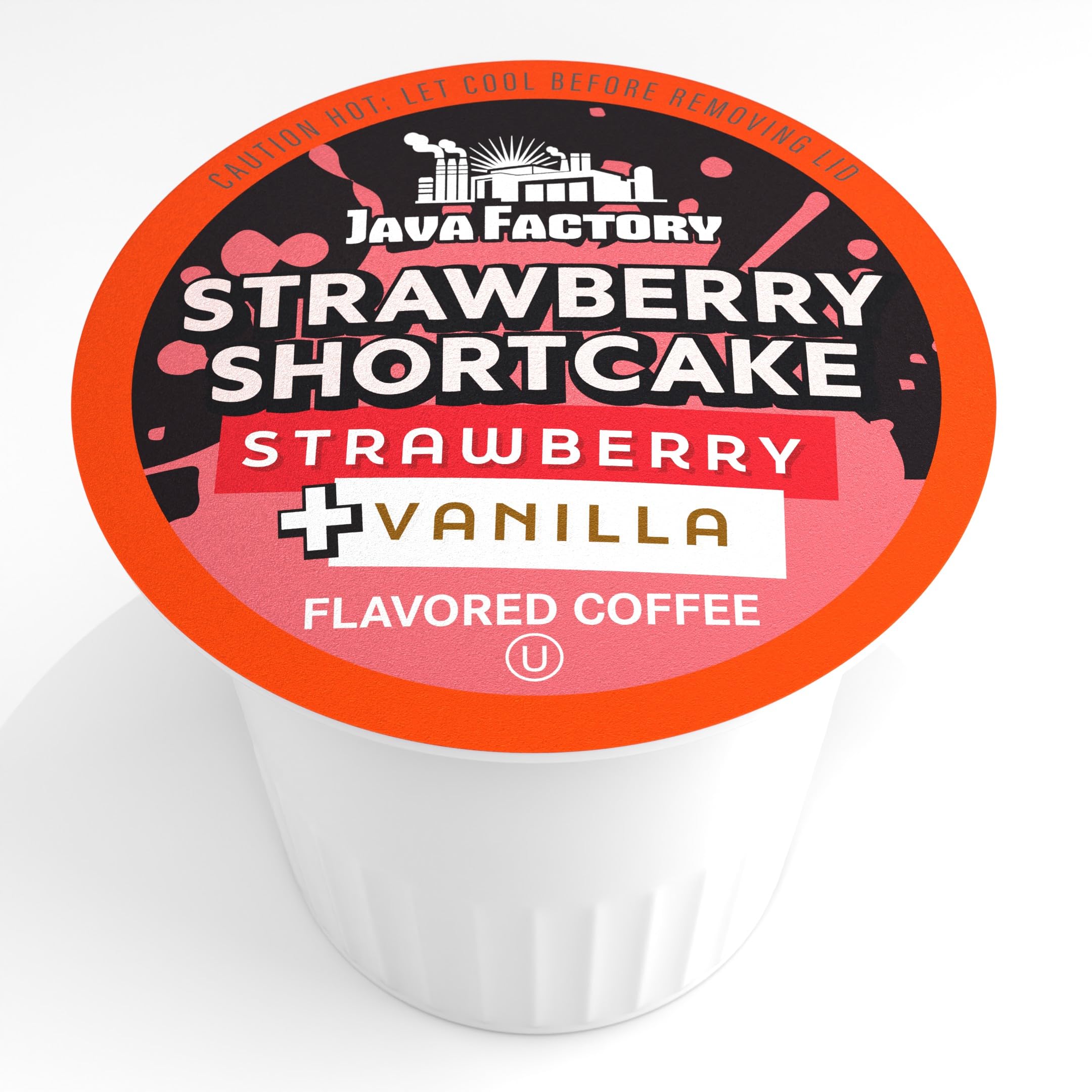 Java Factory taza servida con café Strawberry Shortcake lista para disfrutar