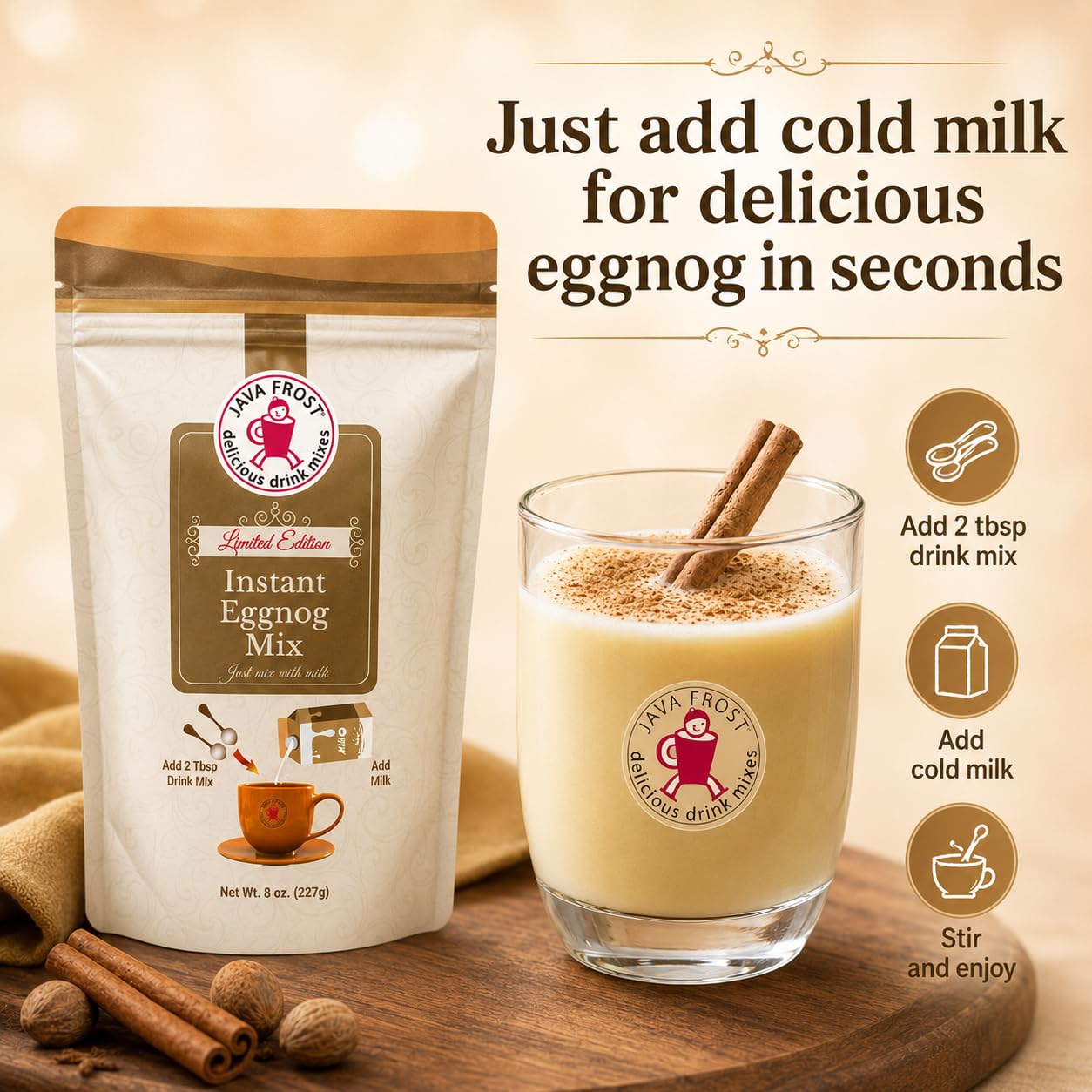 Java Frost eggnog convertido en cóctel festivo, versátil para recetas