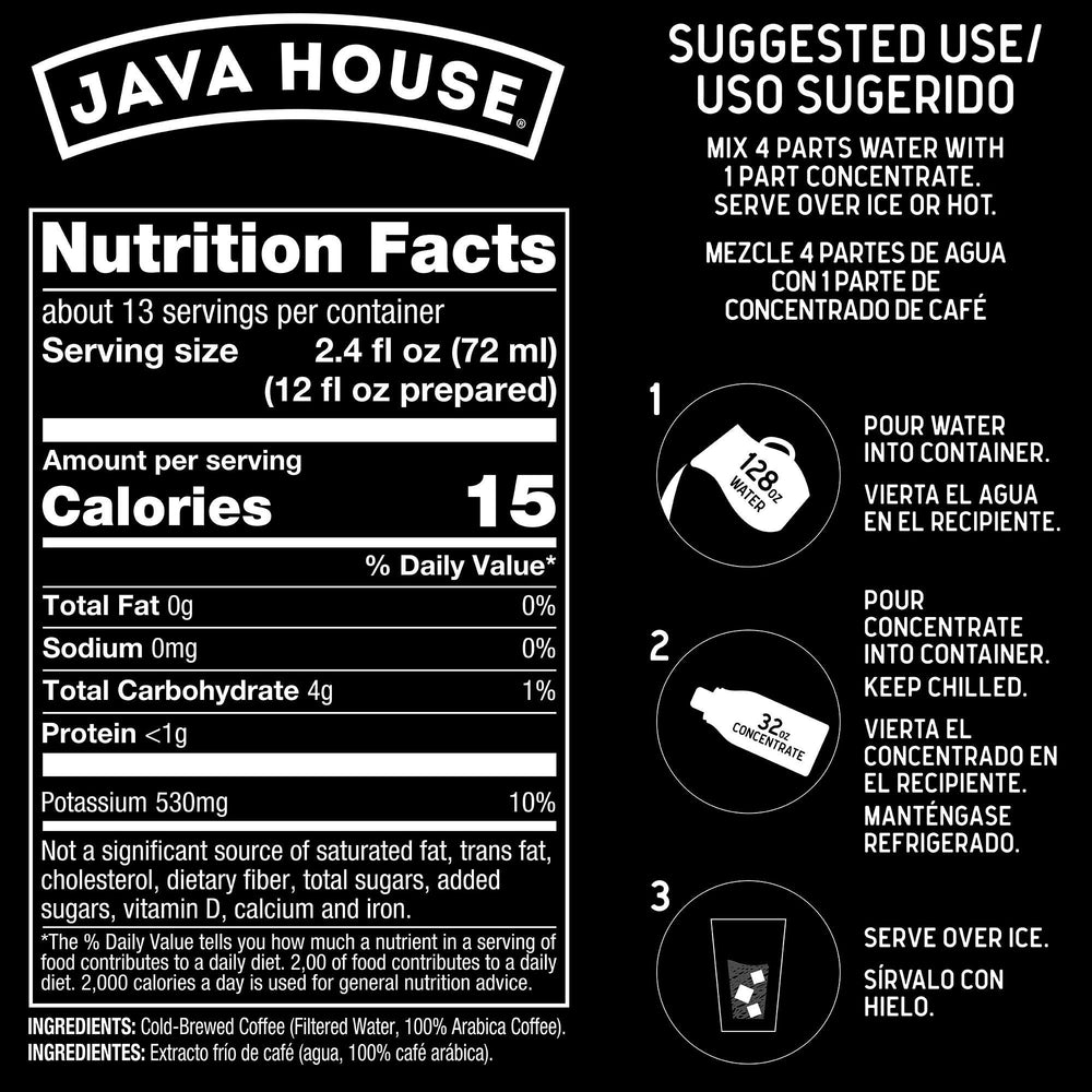 Java House etiqueta detallada que destaca 100% Arábica y notas de sabor