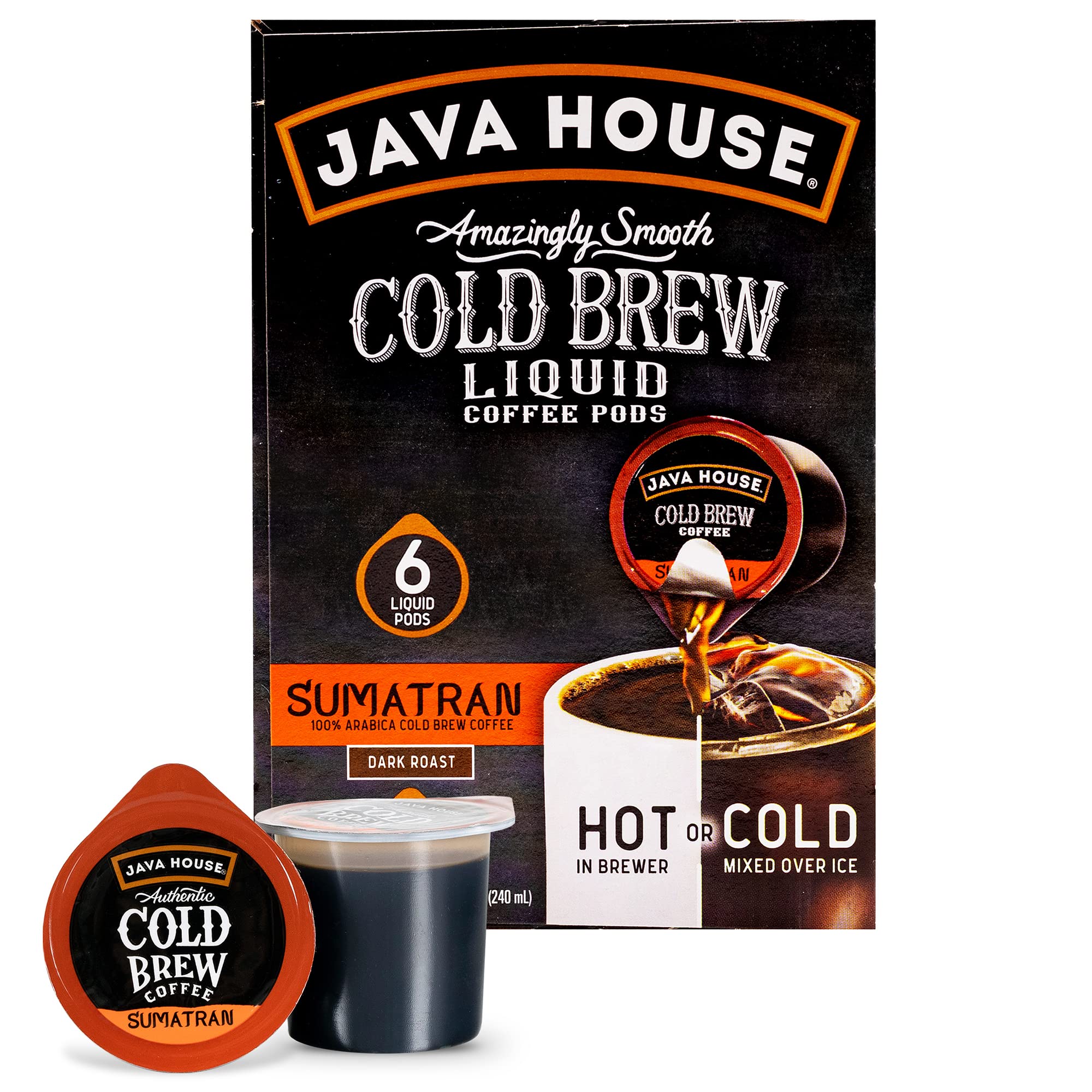 Java House vista frontal del empaque que muestra pods y beneficios de sabor