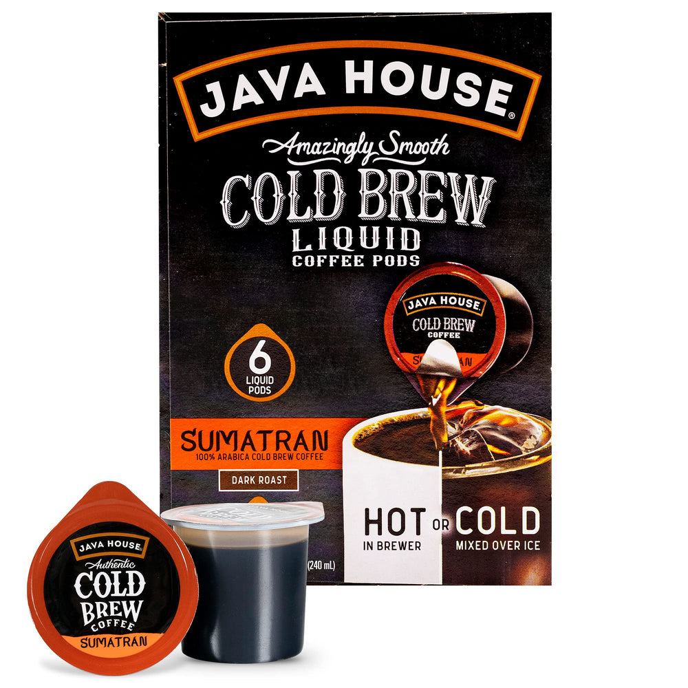 Java House vista frontal del empaque que muestra pods y beneficios de sabor