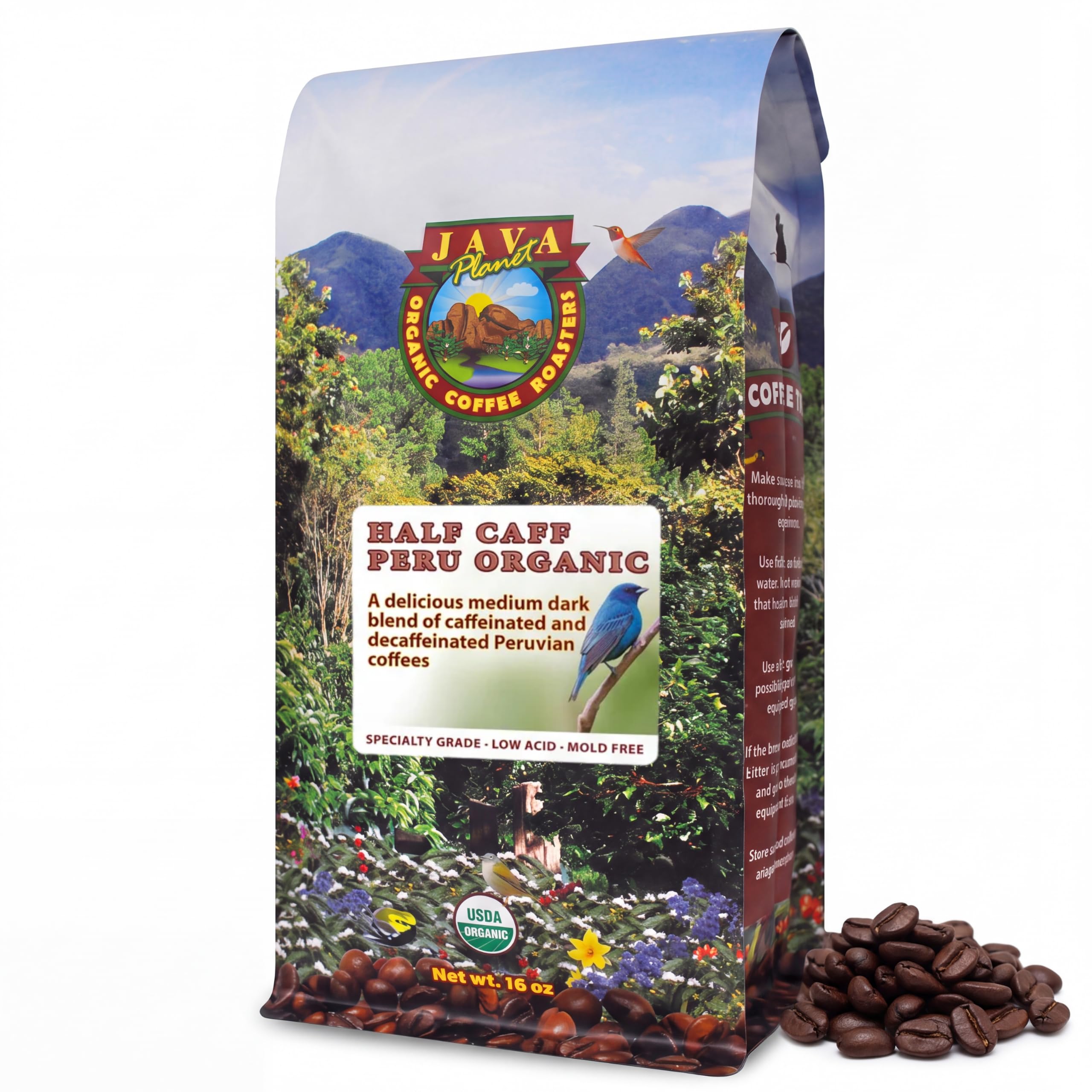 Java Planet bolsa frontal mostrando etiqueta orgánica y beneficio de frescura