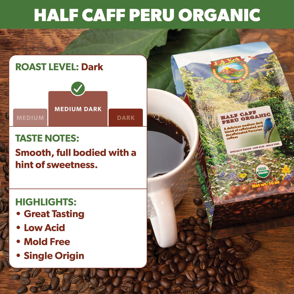 Java Planet granos enteros Peruvian half caff destacando calidad arábica