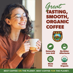 Java Planet detalle de etiqueta con certificaciones orgánicas y datos claros
