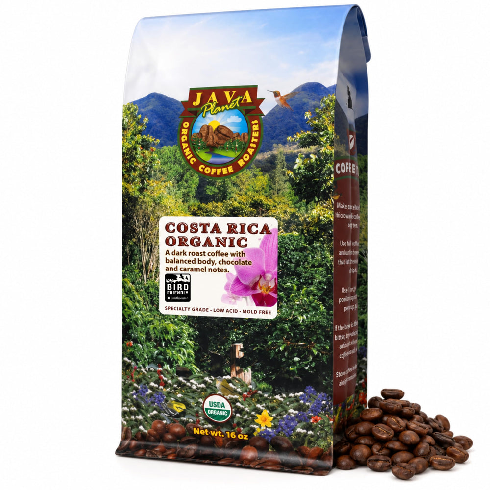 Java Planet empaque frontal mostrando sello orgánico y beneficio de pureza
