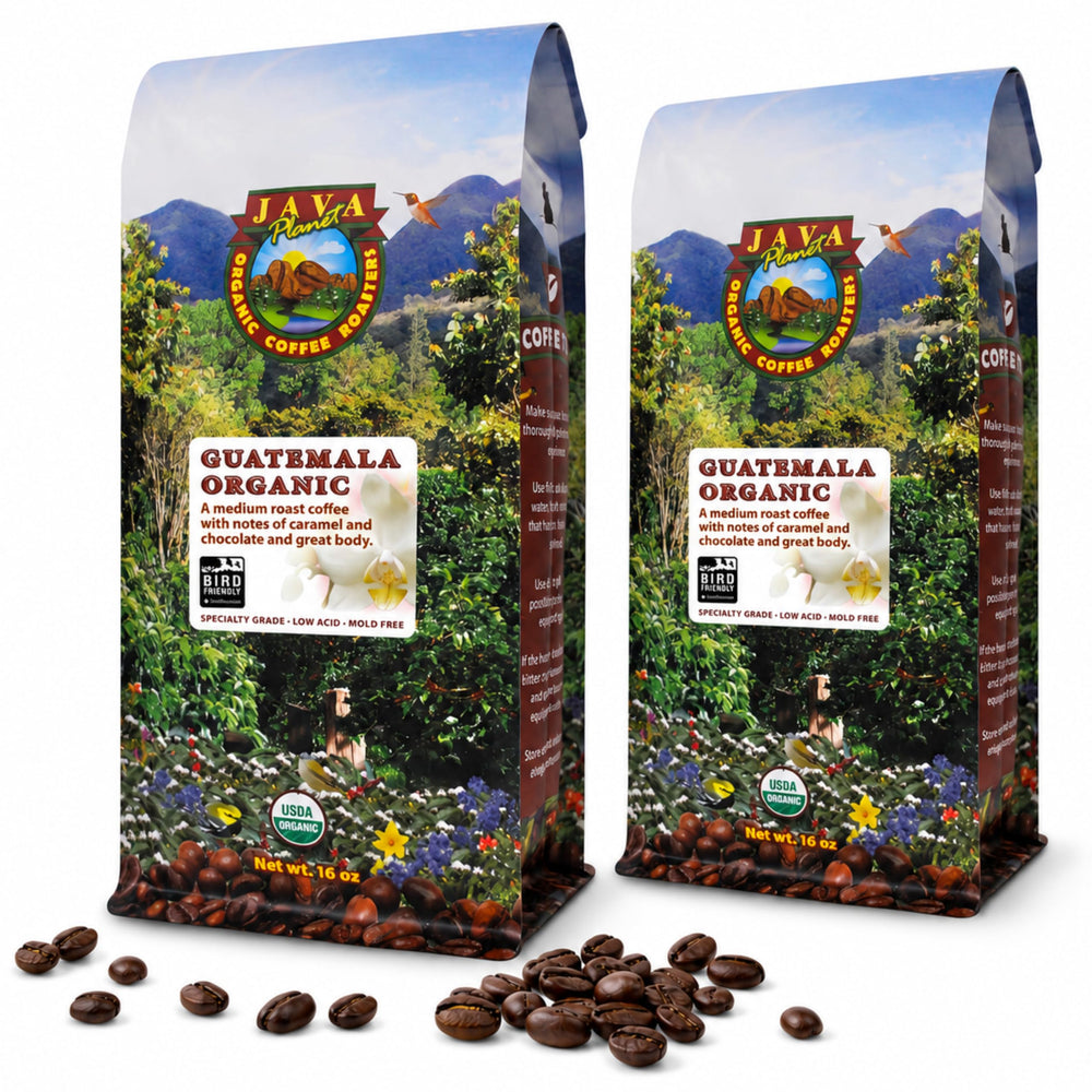 Java Planet empaque frontal mostrando sello orgánico y presentación de 32oz, confianza de origen