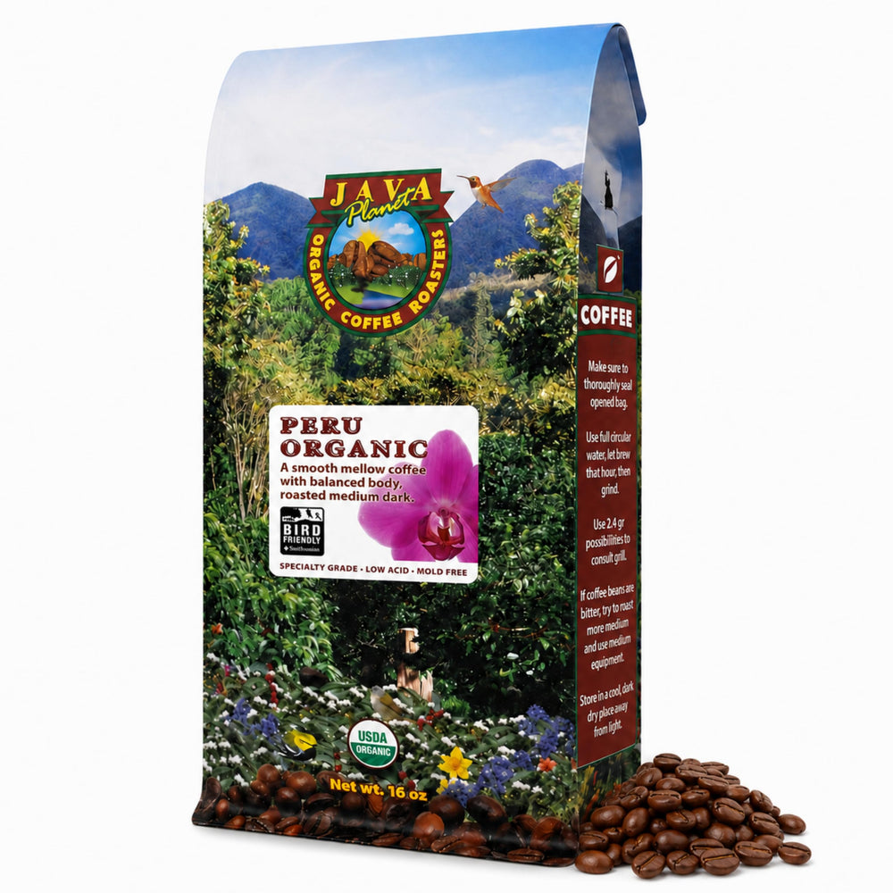 Java Planet frente del paquete mostrando diseño y peso 16 oz, beneficios de frescura
