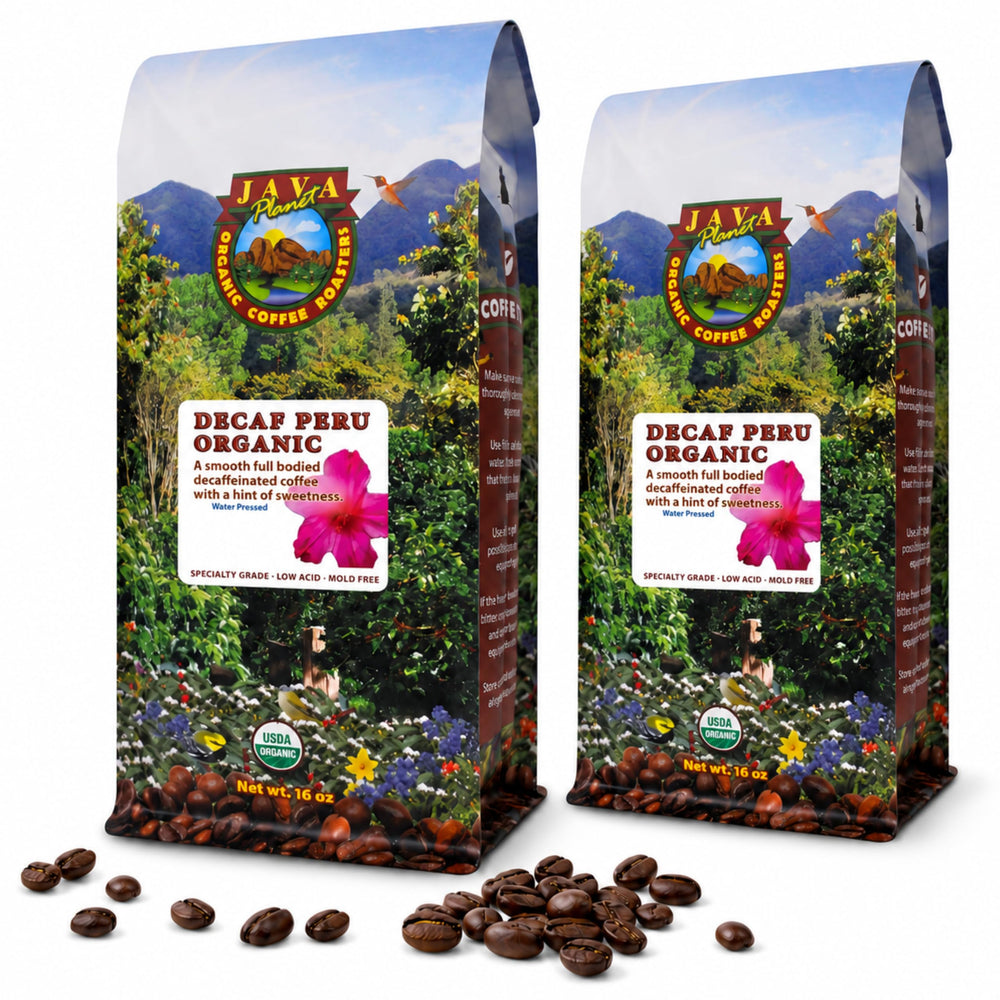 Java Planet paquete frontal mostrando marca y tamaño 32oz, conservación óptima