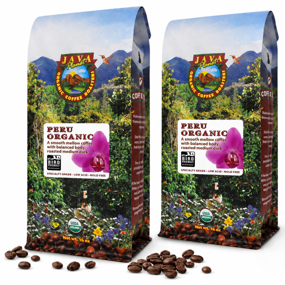Java Planet paquete frontal mostrando 32oz y diseño, claridad visual del producto