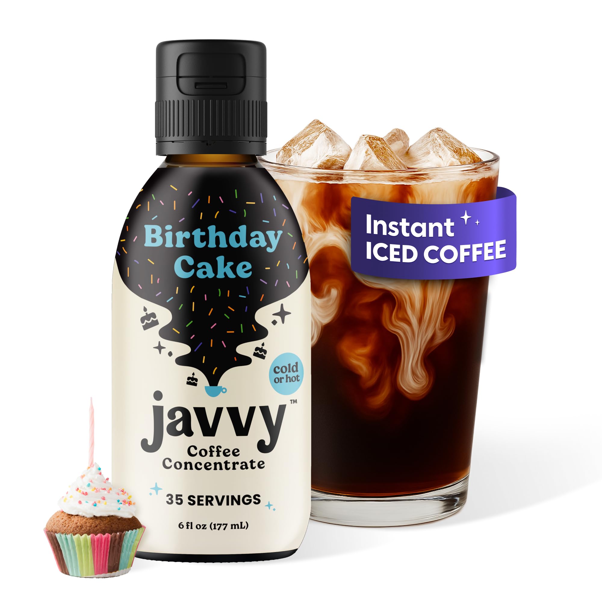 Javvy envase frontal mostrando sabor Birthday Cake y ahorro de porciones