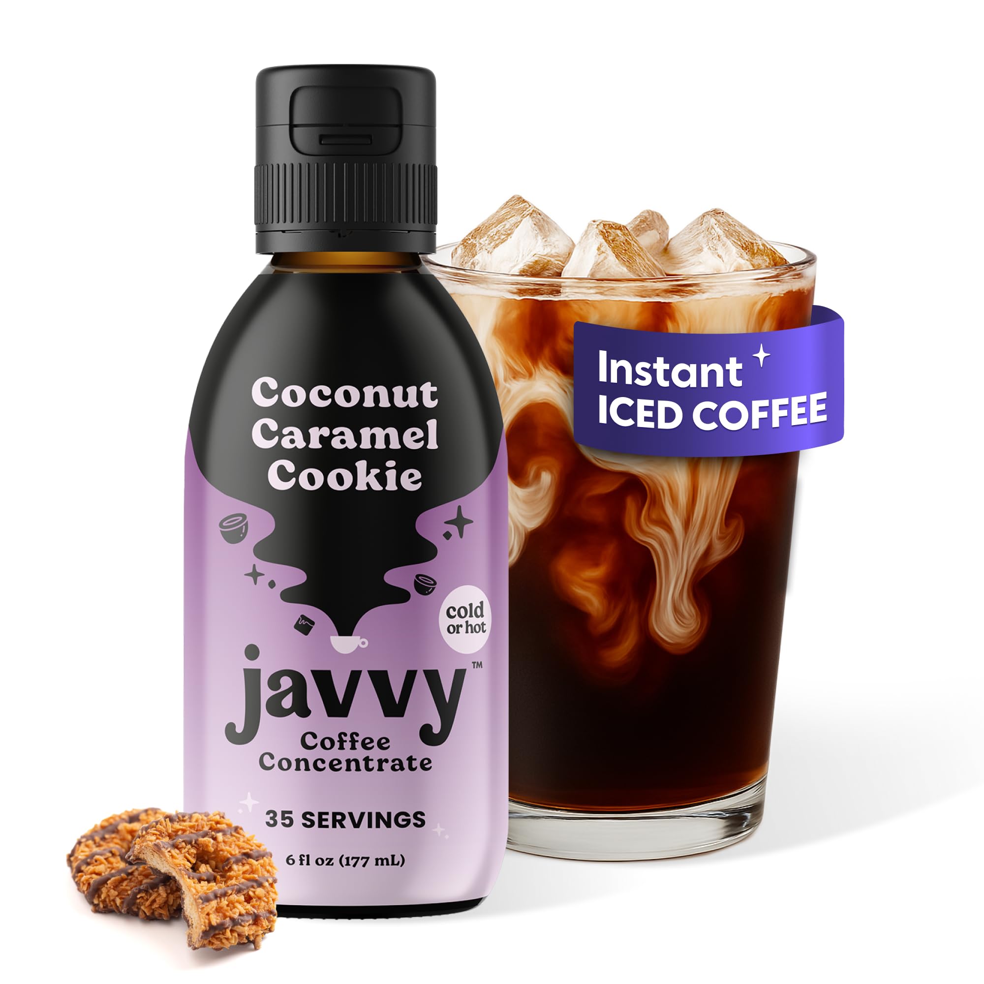 Javvy botella frente mostrando etiquetado y sabor coconut caramel cookie, práctico y listo