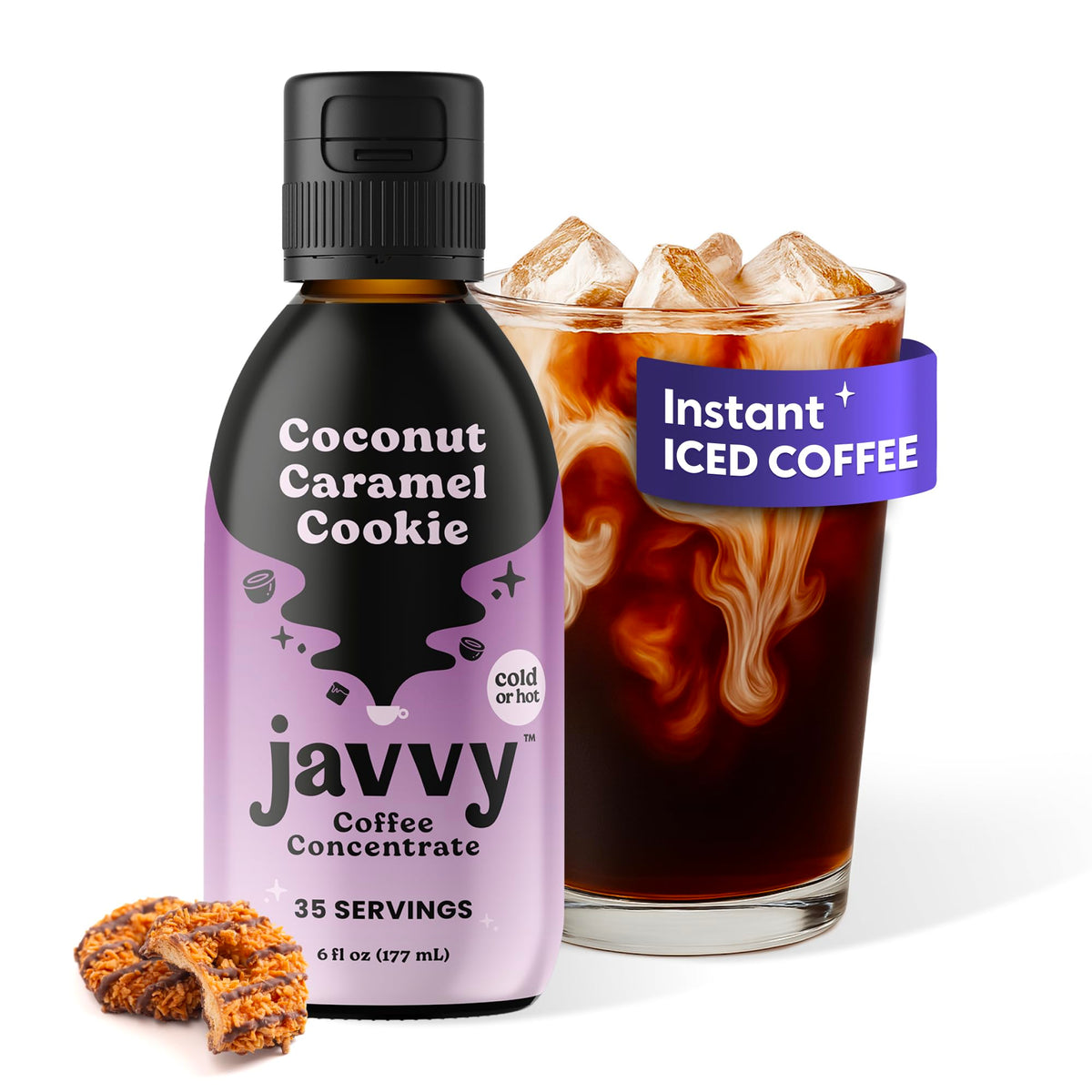 Javvy botella frente mostrando etiquetado y sabor coconut caramel cookie, práctico y listo