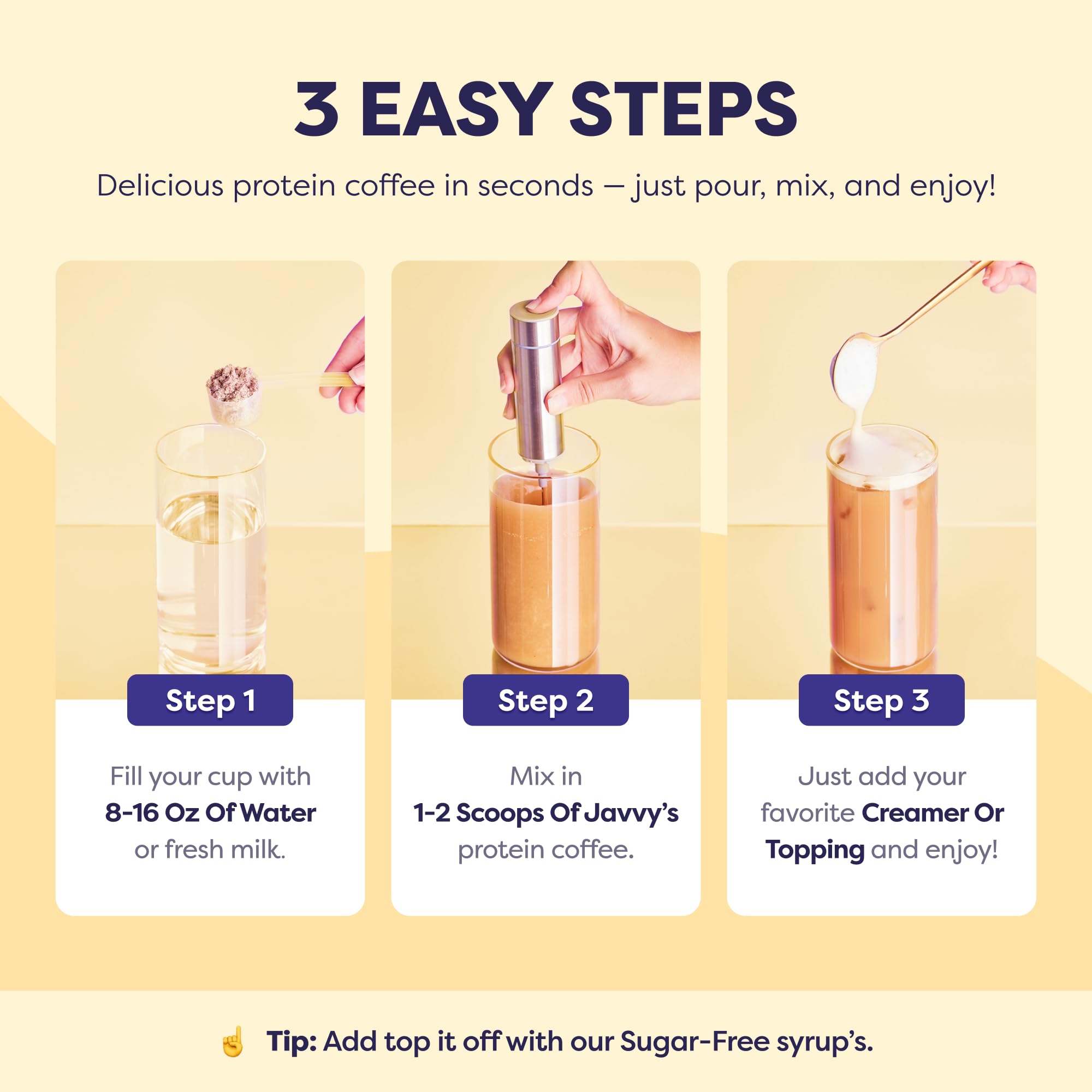 Javvy etiqueta con ingredientes resaltando proteína y prebióticos