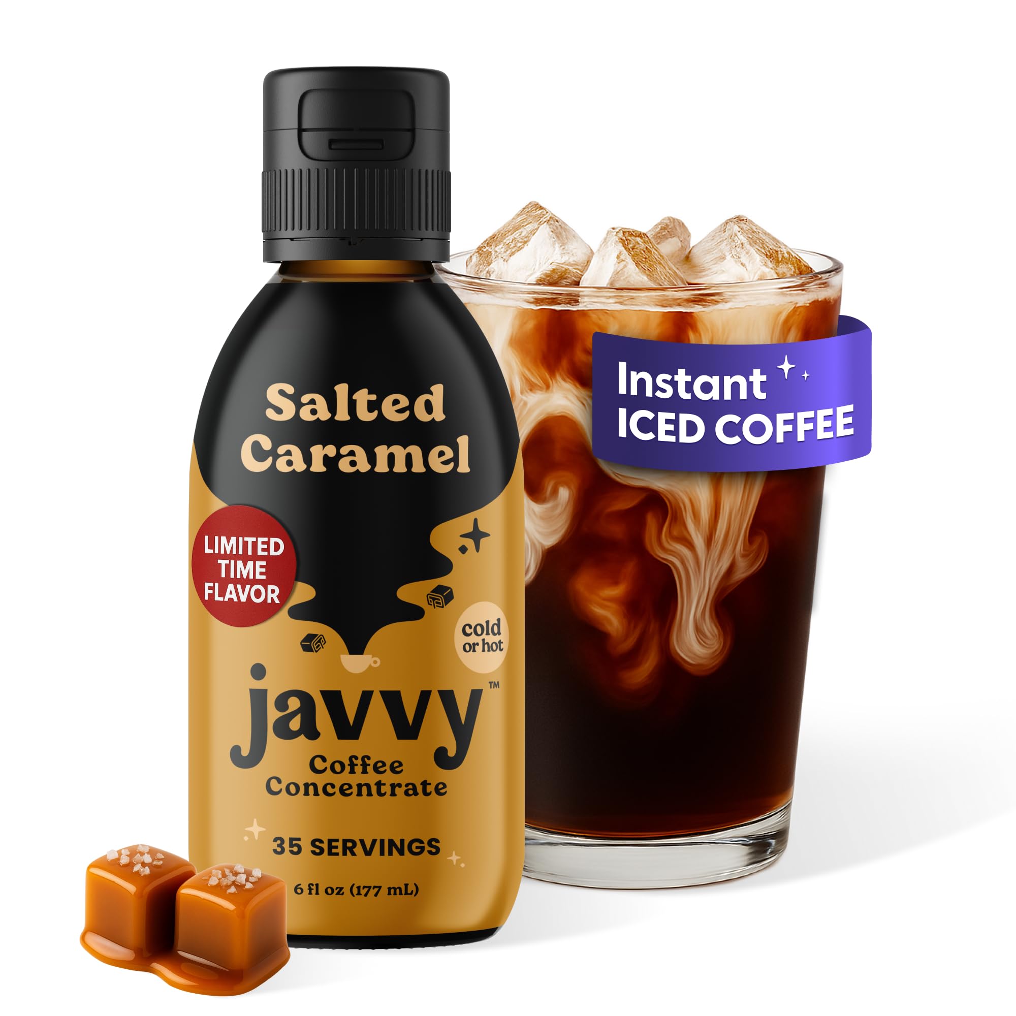 Javvy frente del envase mostrando sabor caramelo salado y conveniencia