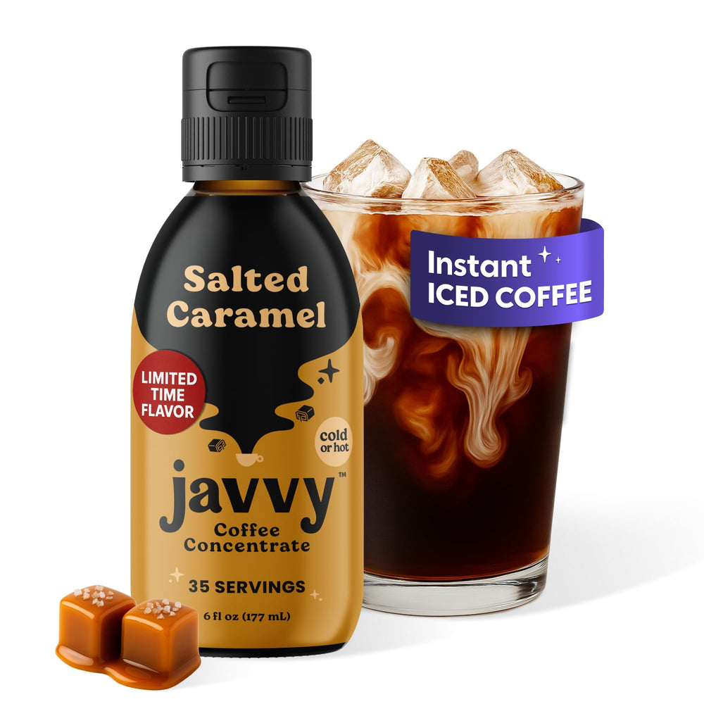 Javvy frente del envase mostrando sabor caramelo salado y conveniencia