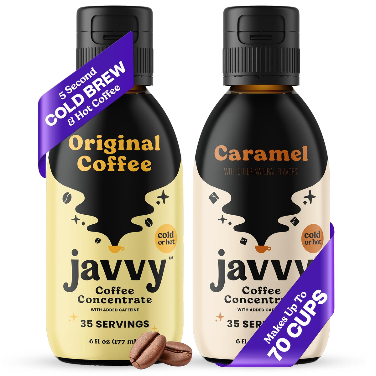 Javvy frente del packaging mostrando sabor Original y Caramel, conveniencia instantánea
