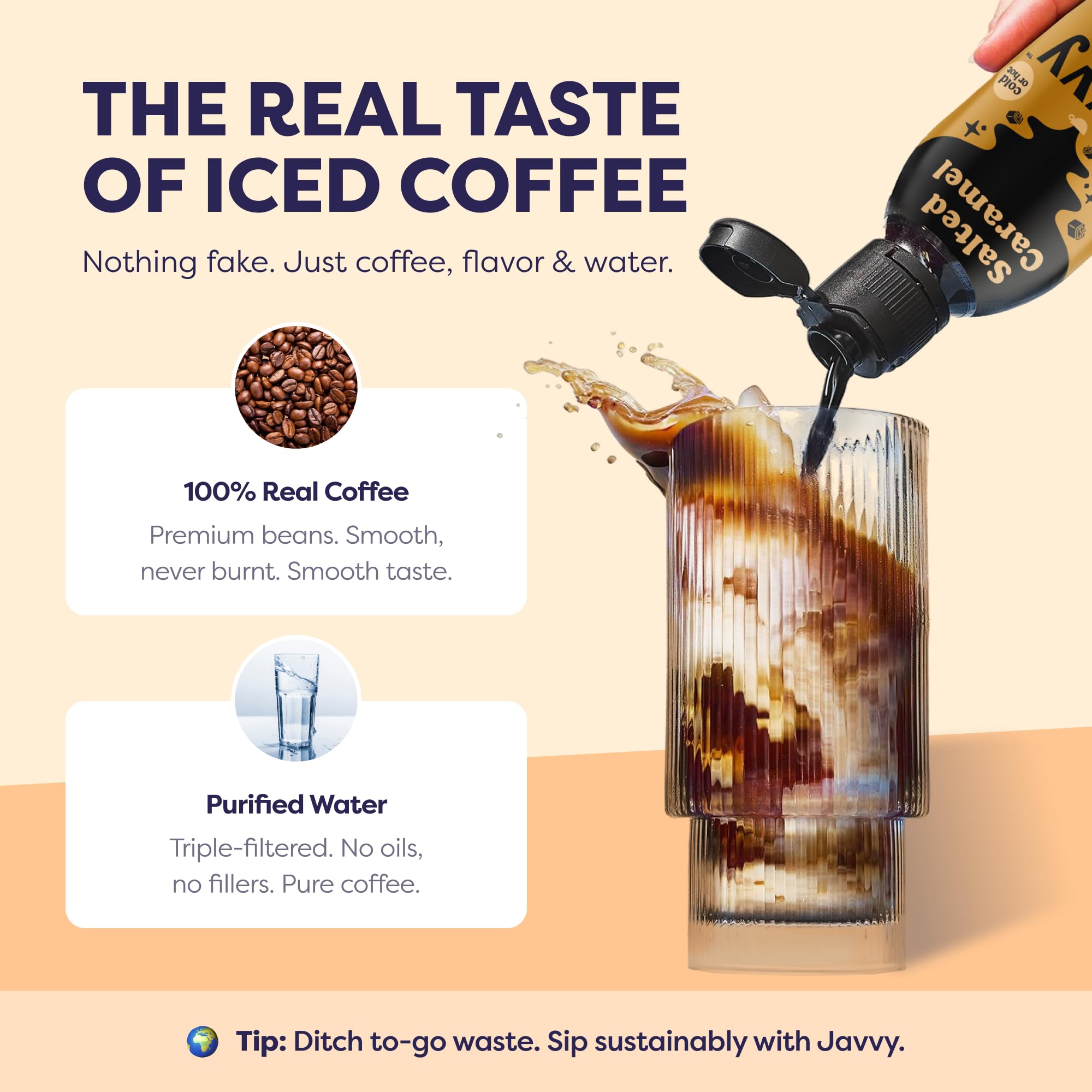 Javvy latte con caramelo salado en mano, ideal para meriendas