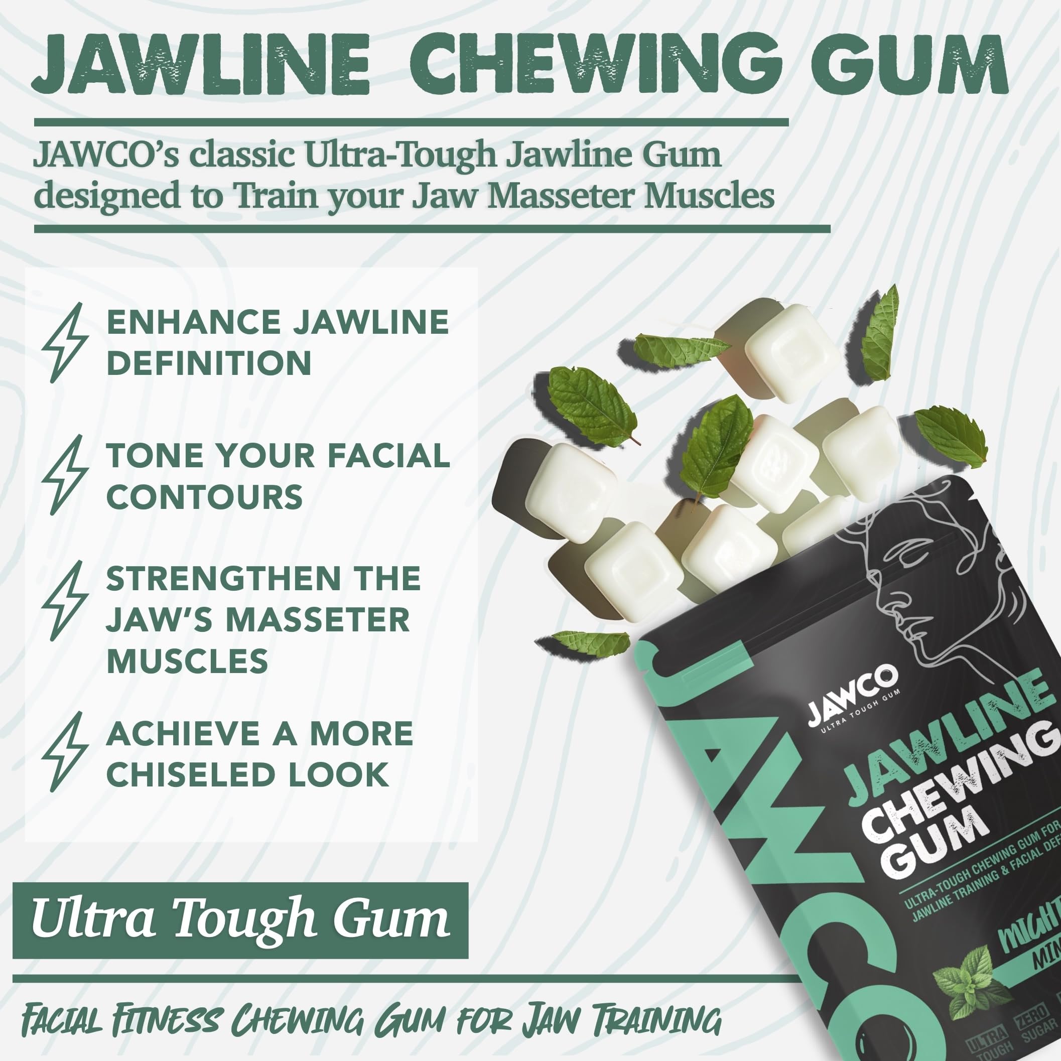 JAWCO etiqueta que muestra fórmula vegana y sin azúcar Mighty Mint