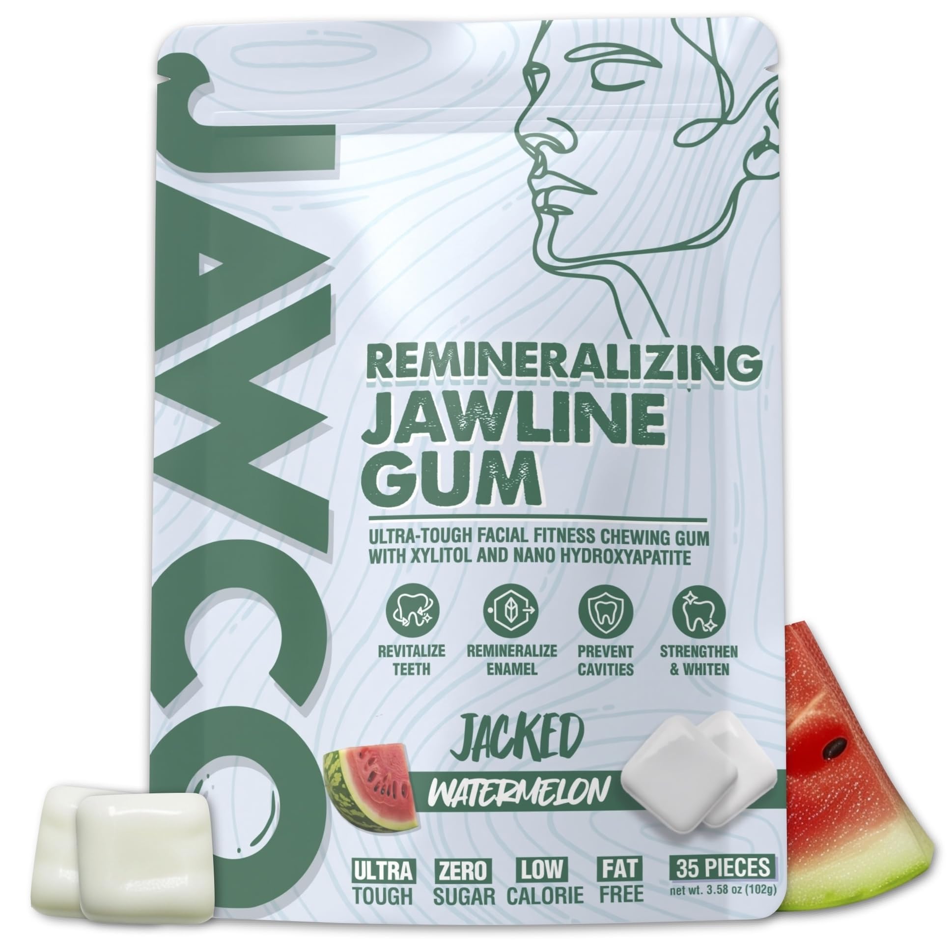 JAWCO empaque frontal sabor sandía que muestra 35 piezas y beneficio de entrenamiento facial