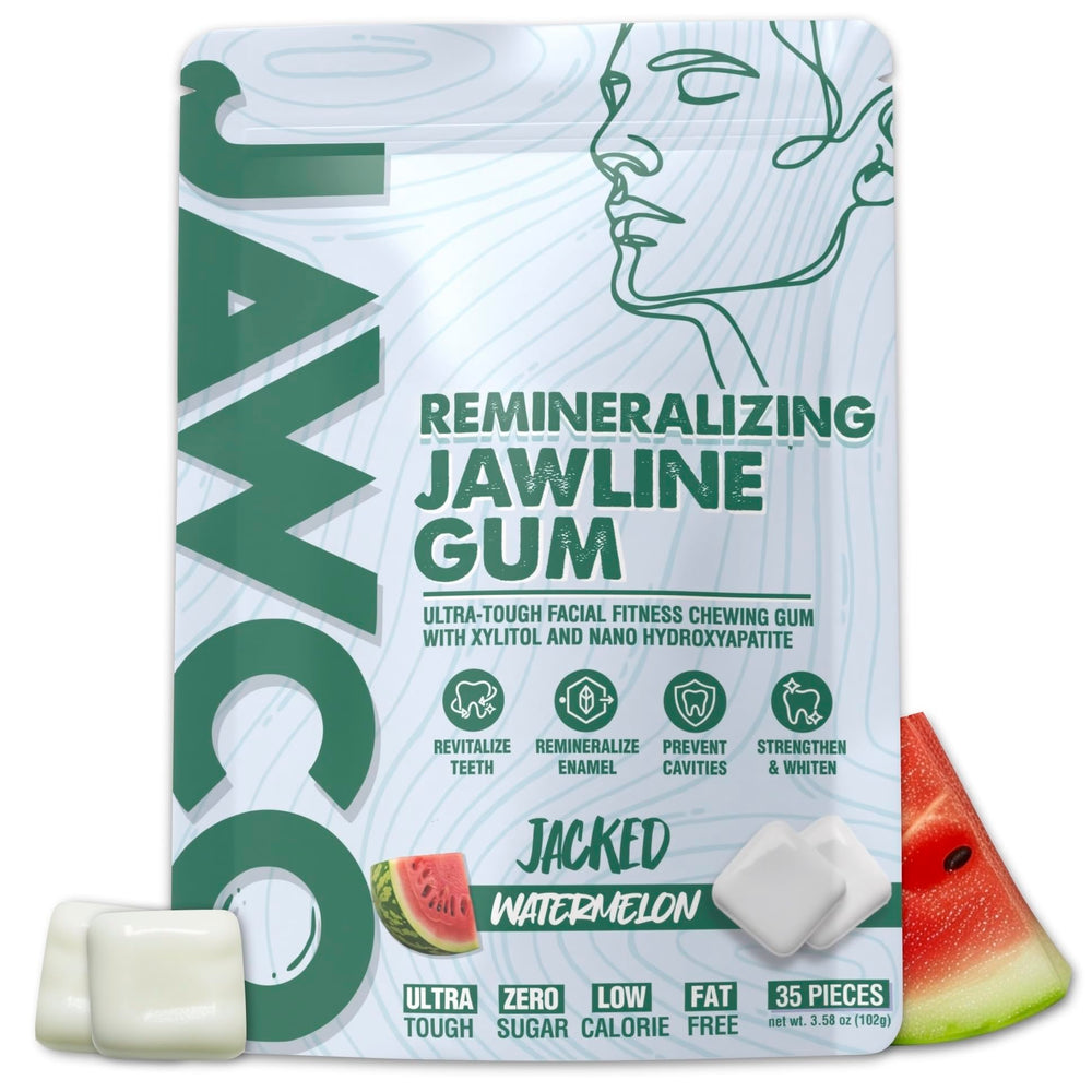 JAWCO empaque frontal sabor sandía que muestra 35 piezas y beneficio de entrenamiento facial