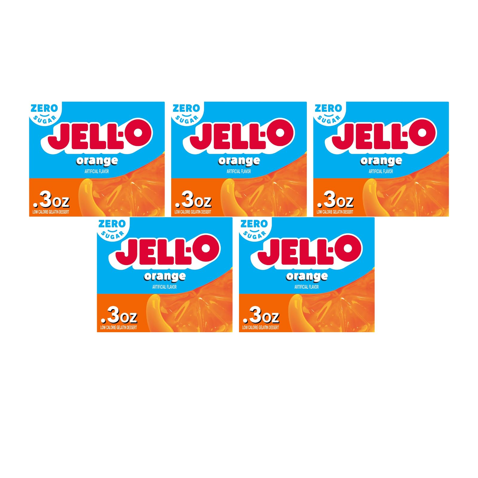 Jell-O caja frontal naranja mostrando marca y sabor, opción baja en calorías