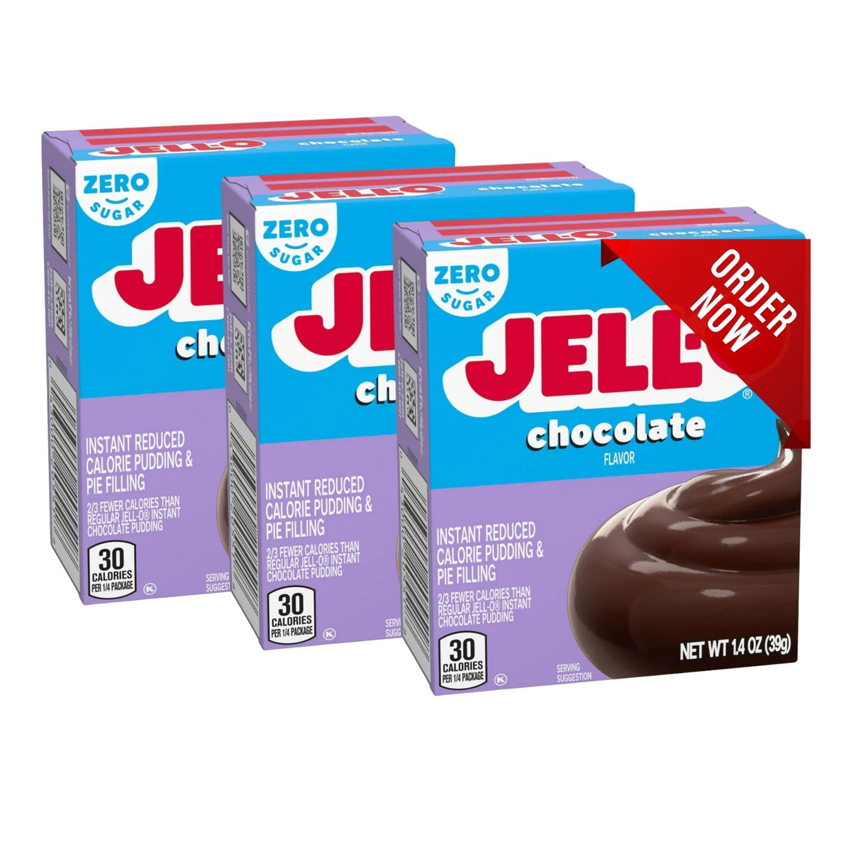 Jello Chocolate Zero Sugar paquete frontal mostrando sabor intenso y conveniencia