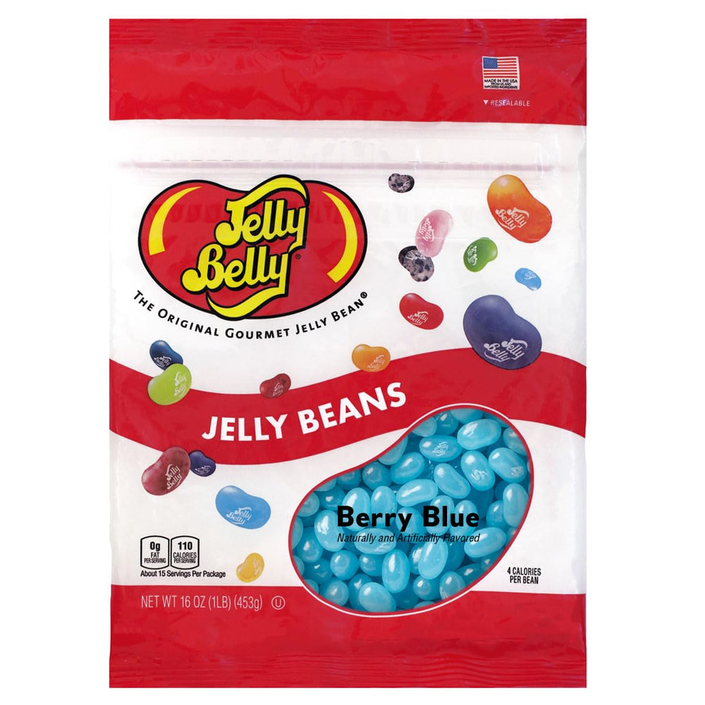Jelly Belly bolsa frontal mostrando color azul vibrante y sello fresco