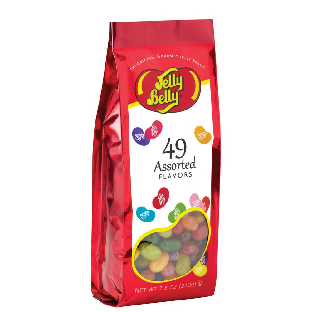 Jelly Belly bote frontal transparente mostrando 49 sabores, ideal para compartir