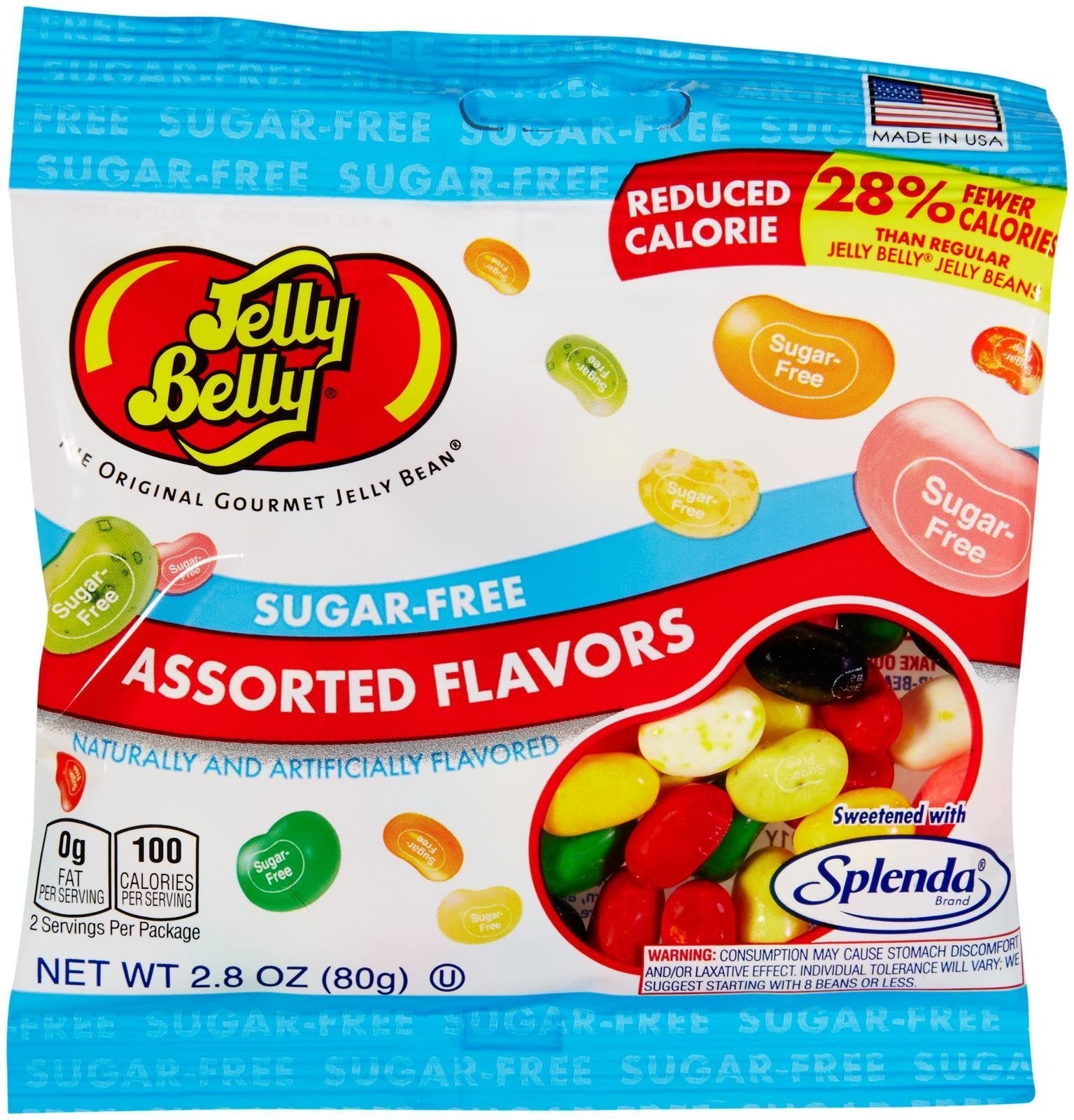 Jelly Belly frente del paquete mostrando bolsita 2.8 oz y surtido, marca y conveniencia