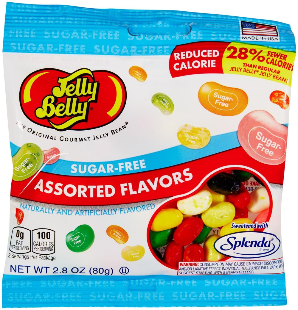 Jelly Belly frente del paquete mostrando bolsita 2.8 oz y surtido, marca y conveniencia