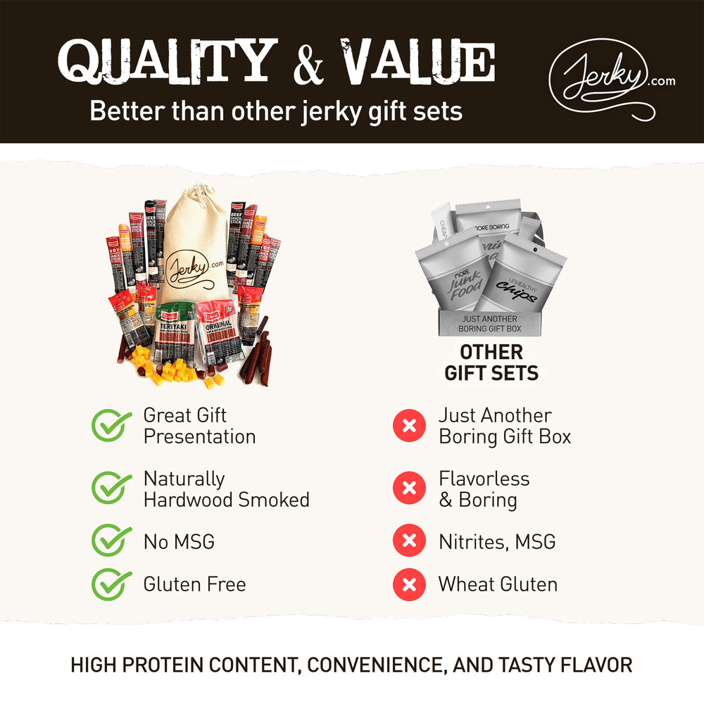 Jerky.com palito de carne junto a una mano para mostrar tamaño práctico