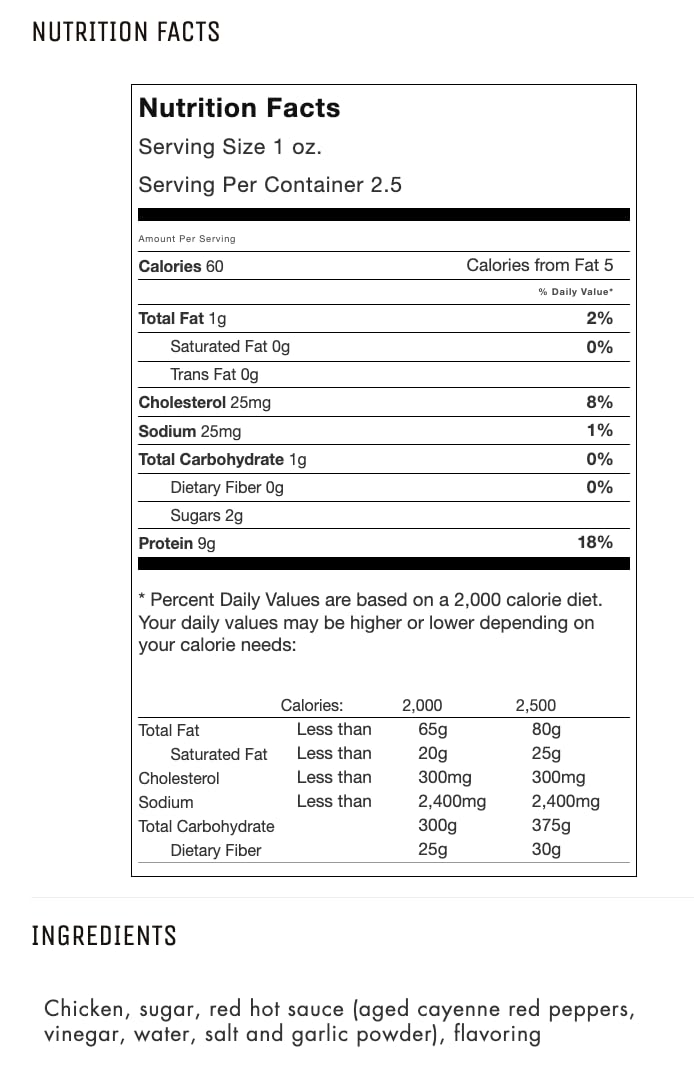 Bolsa abierta Jerky.com Buffalo Wing con tiras listas para comer, ideal para llevar