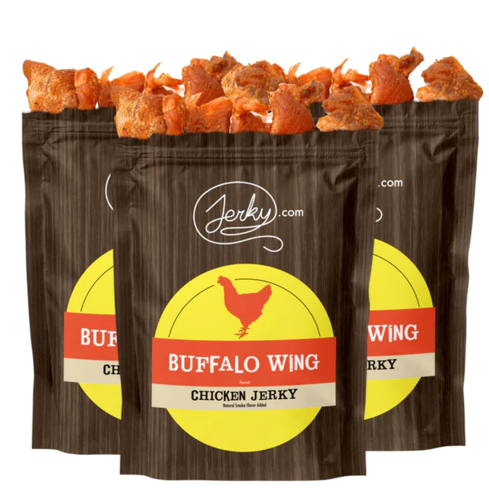 Jerky.com bolsa frontal Buffalo Wing con etiqueta visible y beneficio de proteína alta
