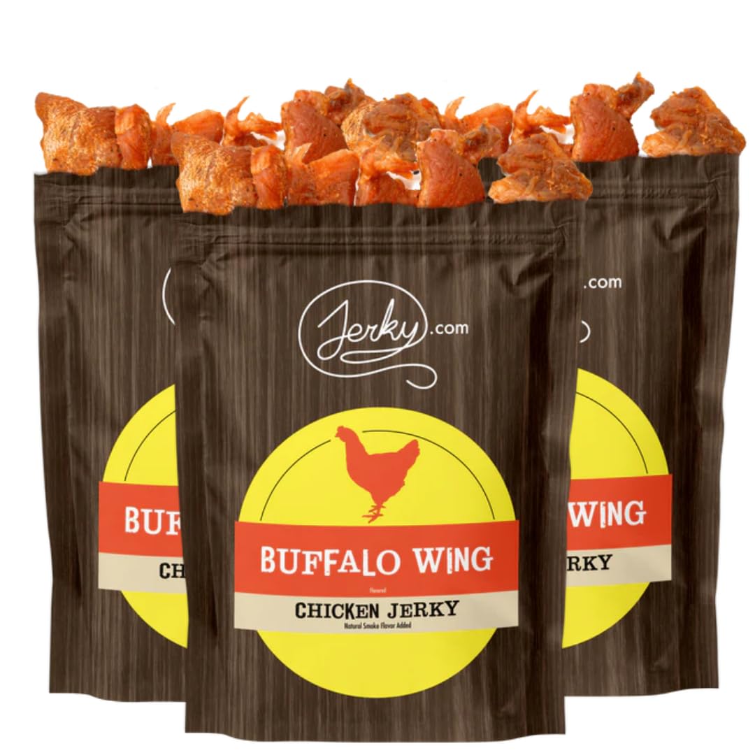 Jerky.com bolsa frontal Buffalo Wing con etiqueta visible y beneficio de proteína alta