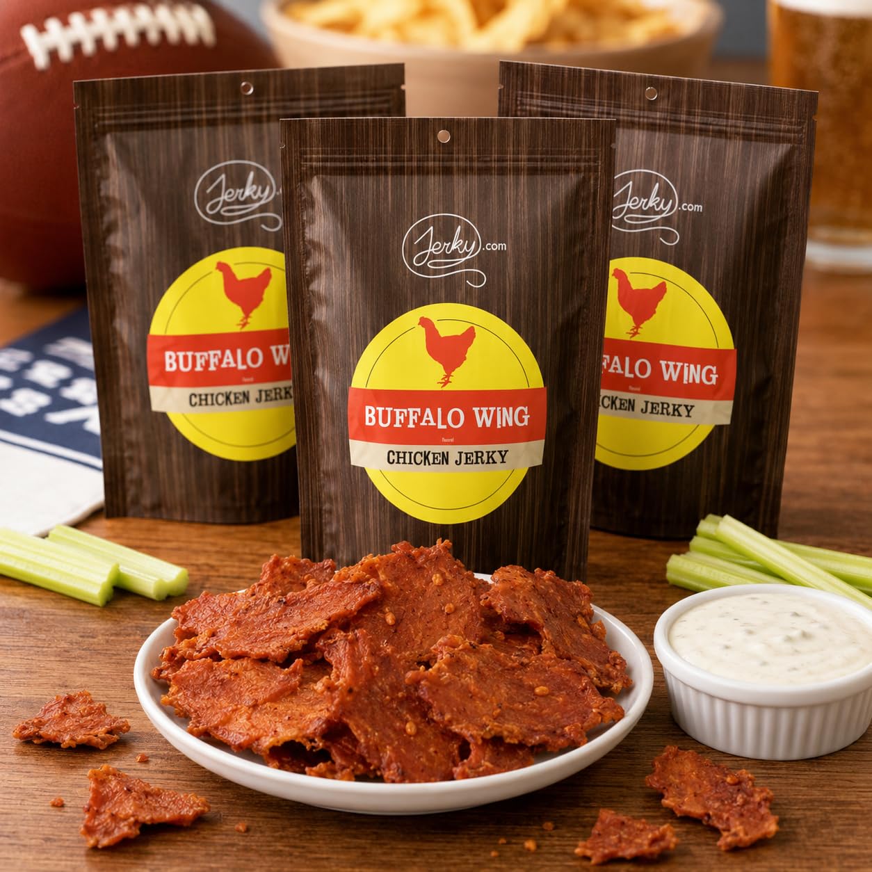 Porciones de Jerky.com Buffalo Wing sobre tabla para comparar tamaño y aporte proteico